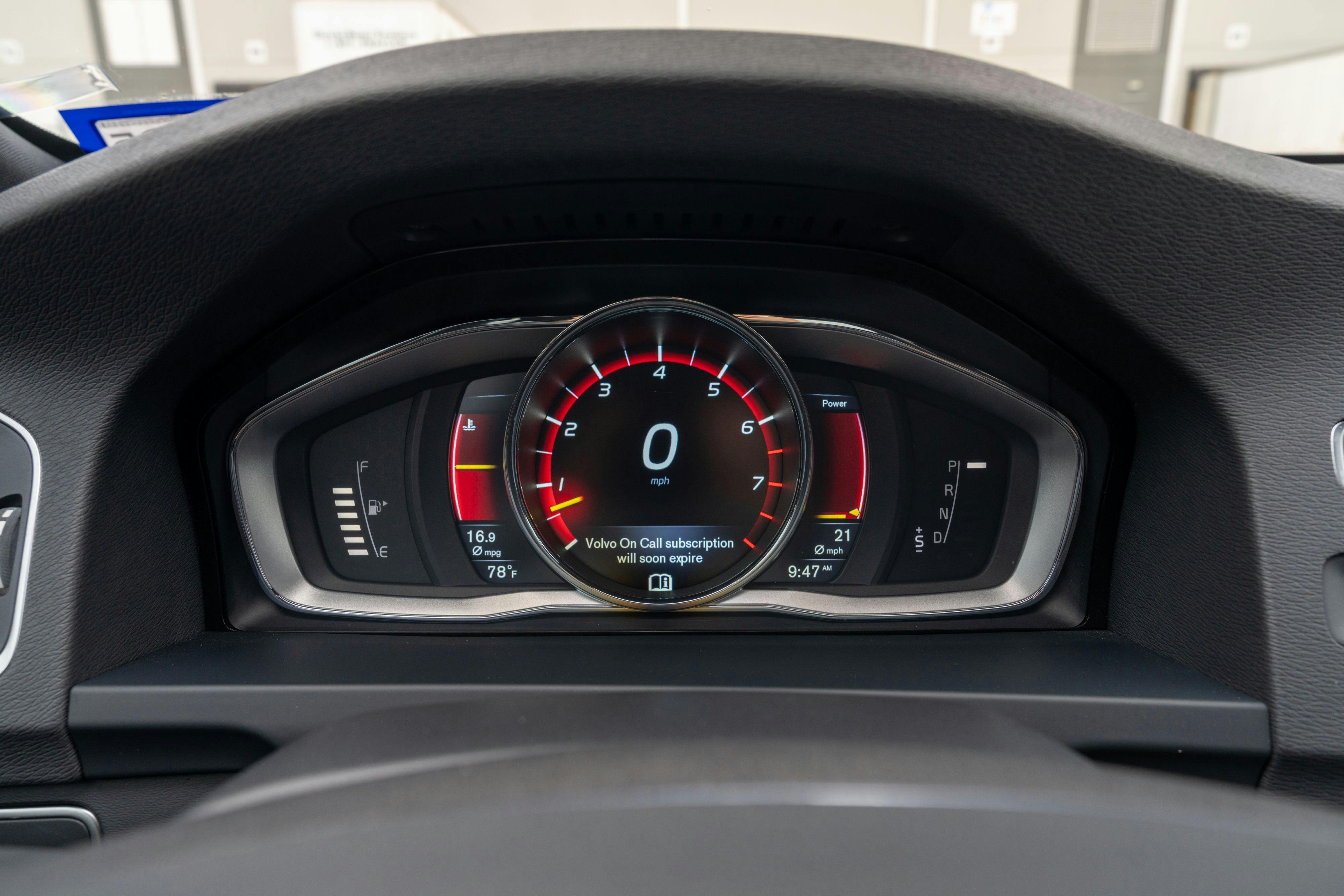 2015 Volvo V60 Polestar gauge cluster in Rebel Blue with a Black interior.
