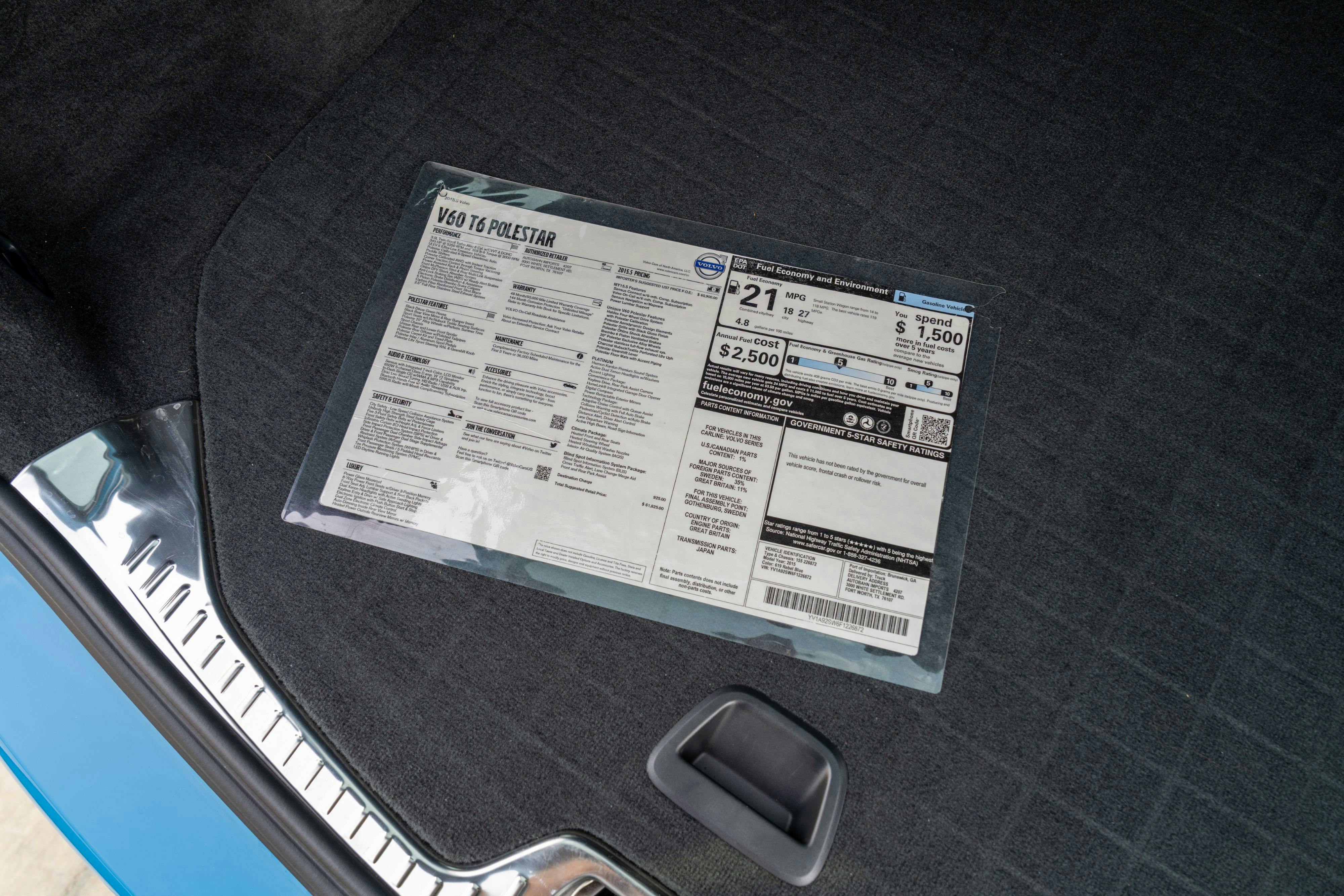 2015 Volvo V60 Polestar window stucker in Rebel Blue with a Black interior.