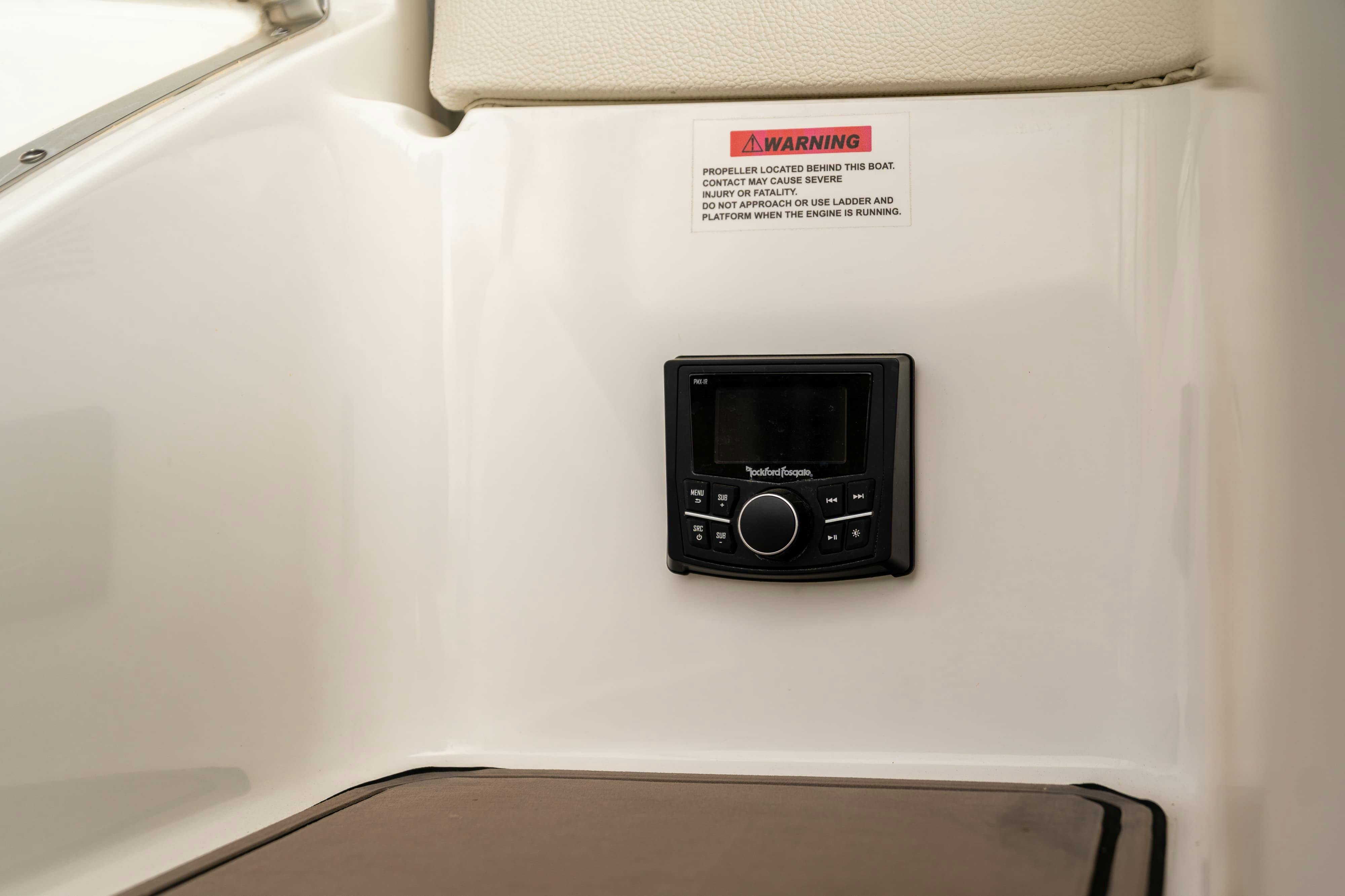 Rockford Fosgate audio controls in a 2018 Cobalt R7 Surf boat in Lakeway, TX.