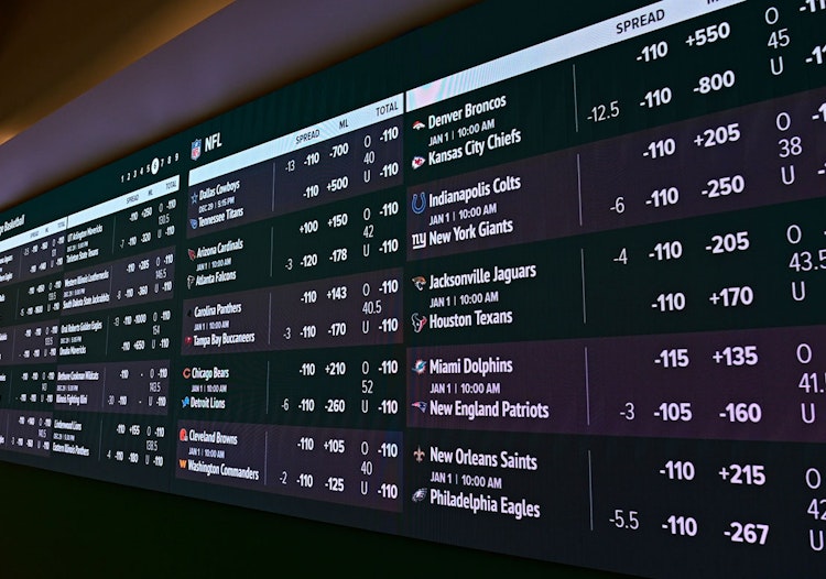 Sports betting odds board displaying NFL betting lines and spreads at a US sportsbook.
