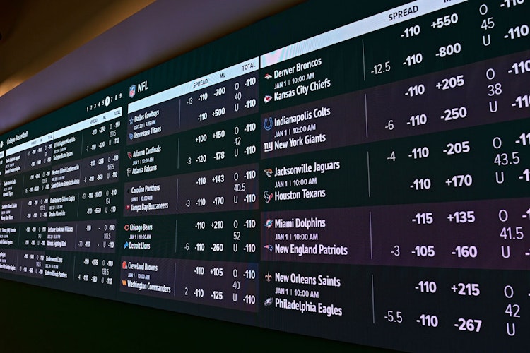 Sports betting odds board displaying NFL betting lines and spreads at a US sportsbook.