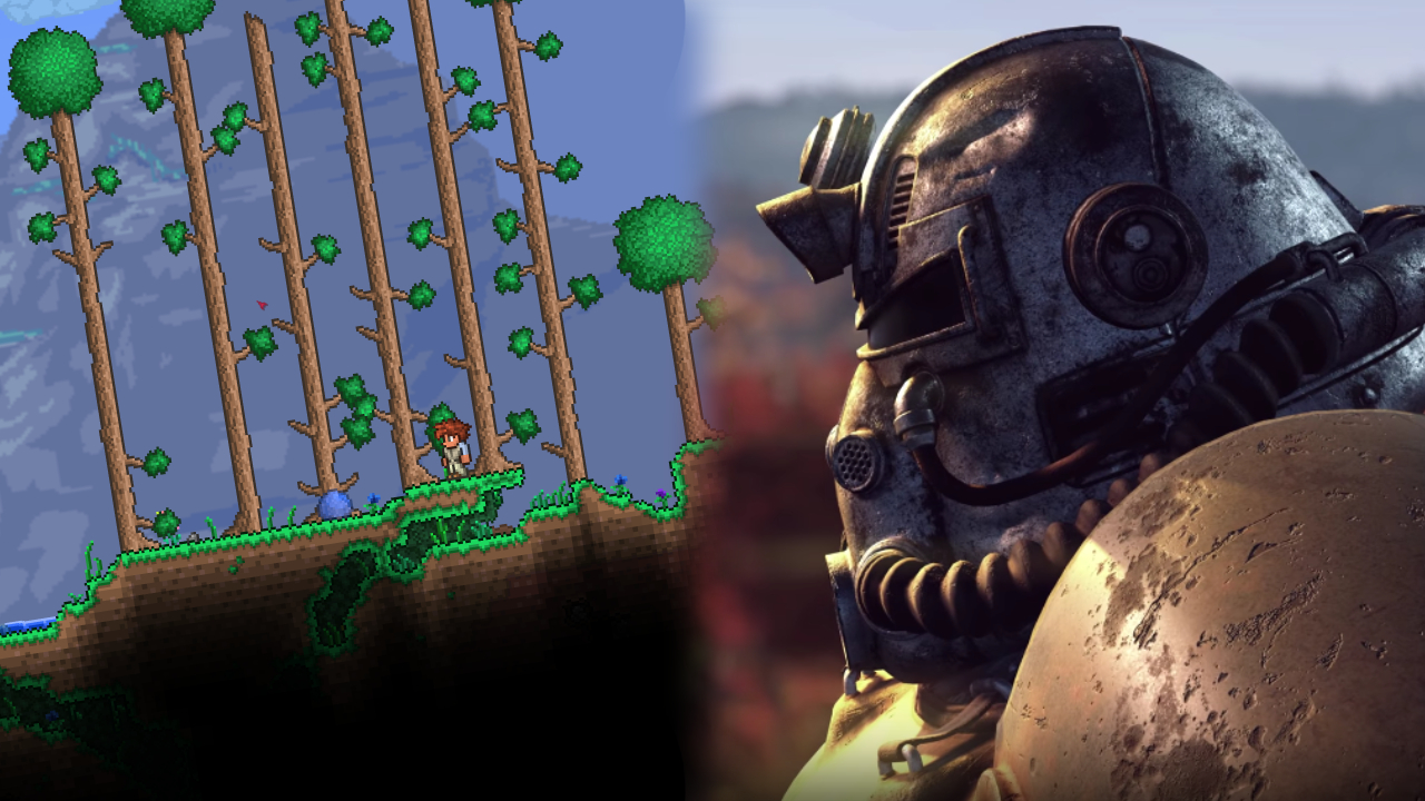 A graphic showing a screenshot from Terraria on the left and a Fallout 76 power armor suit on the right. There is a blurred rift between them "A graphic showing a screenshot from Terraria on the left and a Fallout 76 power armor suit on the right. There is a blurred rift between them"