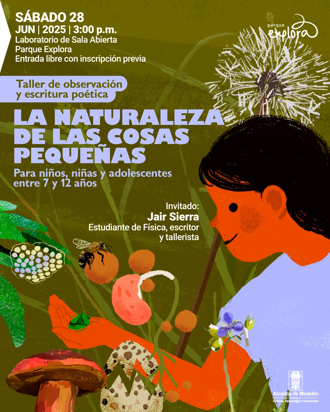Ilustración. Sobre un fondo verde con formas vegetales en tonos más oscuros, una figura infantil con piel anaranjada y cabello oscuro observa de cerca un diente de león. Frente a ella, una mano sostiene elementos diminutos como flores, una abeja, una mariquita, un brote, una semilla y una vaina. En la parte superior izquierda aparece el texto: "Sábado 28 de junio de 2025 a las tres de la tarde. Laboratorio de Sala Abierta. Parque Explora. Entrada libre con inscripción previa". Debajo se lee: "Taller de observación y escritura poética". En el centro de la imagen aparece el título: "La naturaleza de las cosas pequeñas". En la parte inferior derecha se encuentra el texto: "Invitado: Jair Sierra. Estudiante de Física, escritor y tallerista".