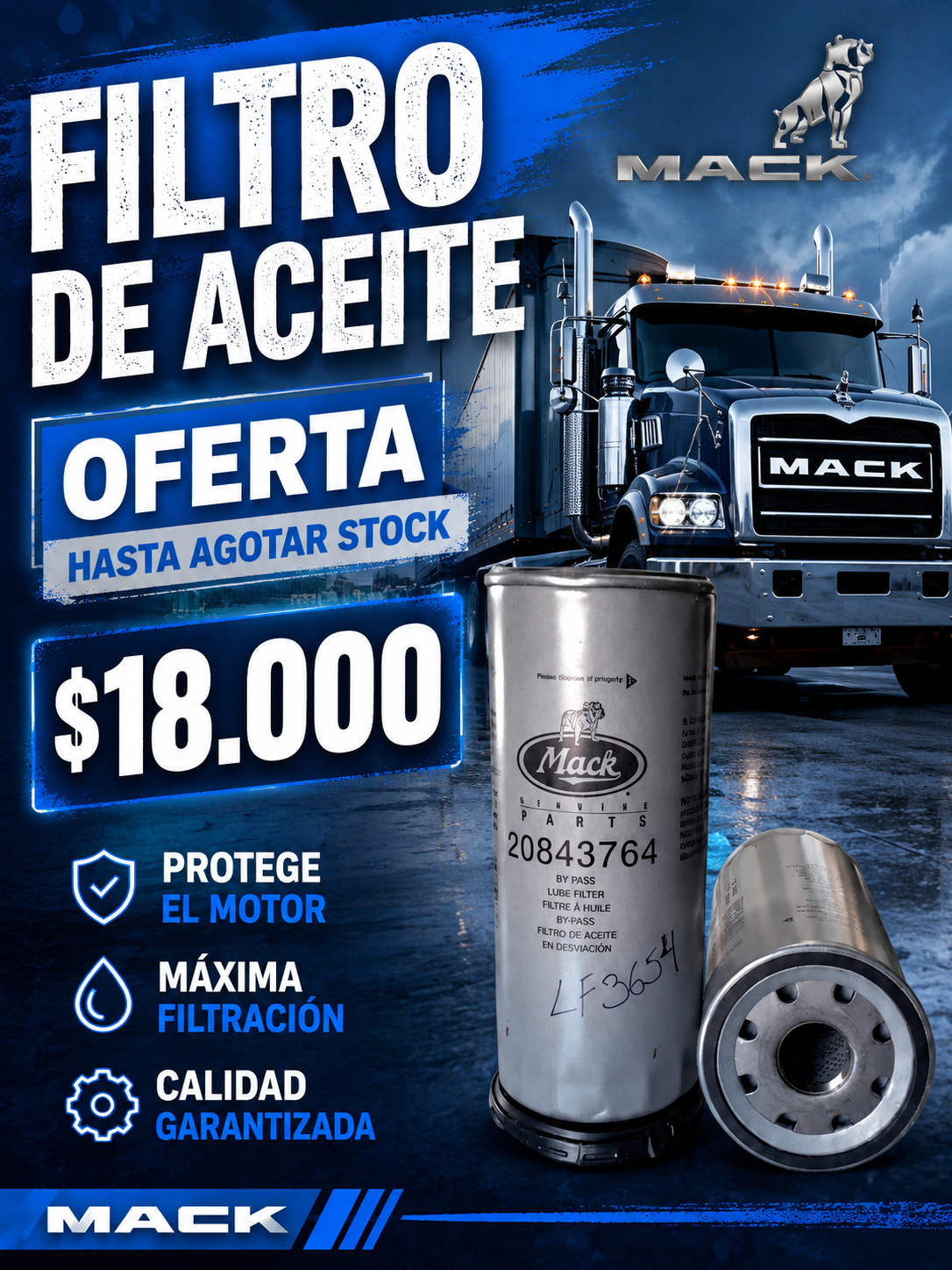 FILTRO DE ACEITE 20843764 MACK 