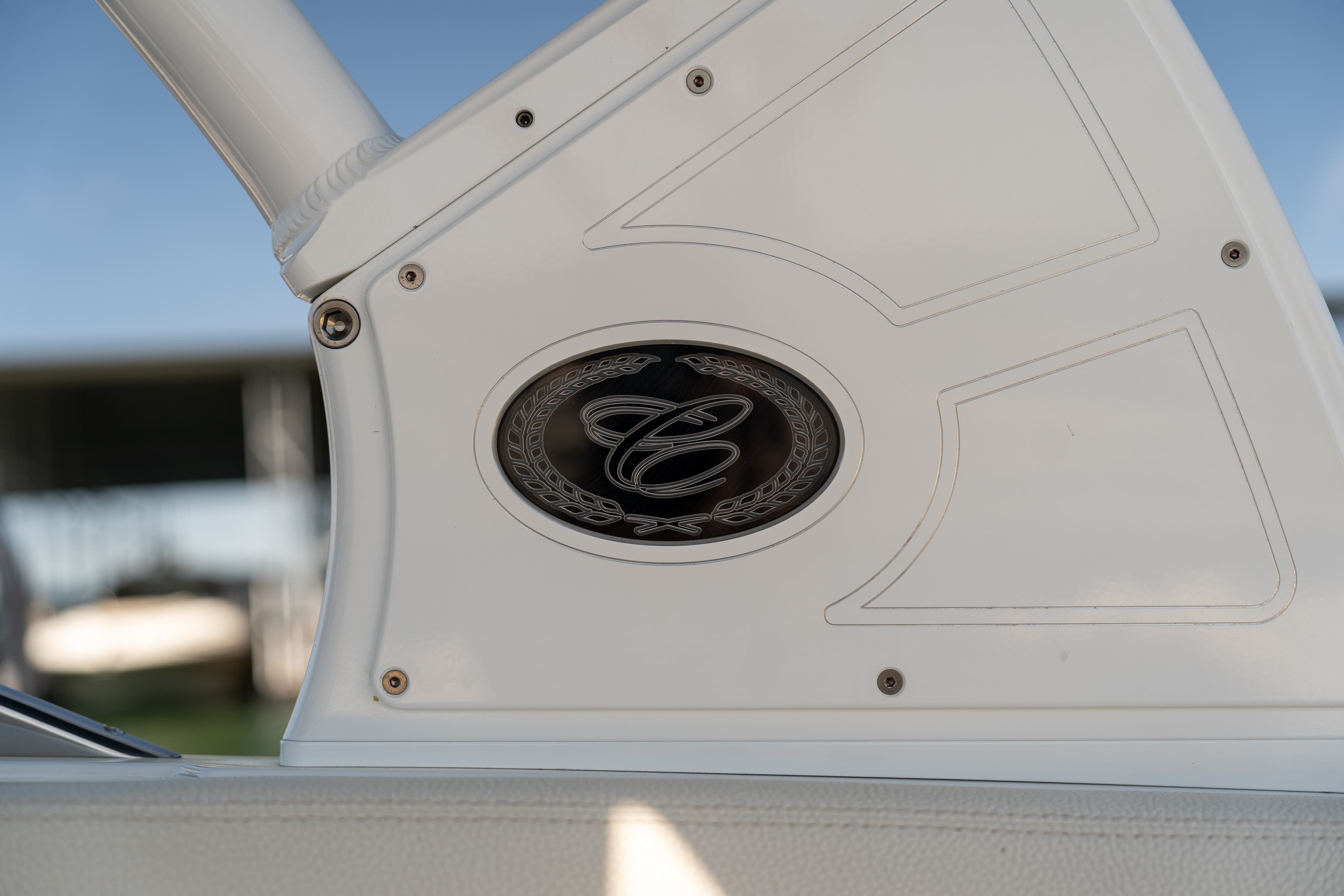 Cobalt badging in a 2018 Cobalt R7 Surf boat in Lakeway, TX.