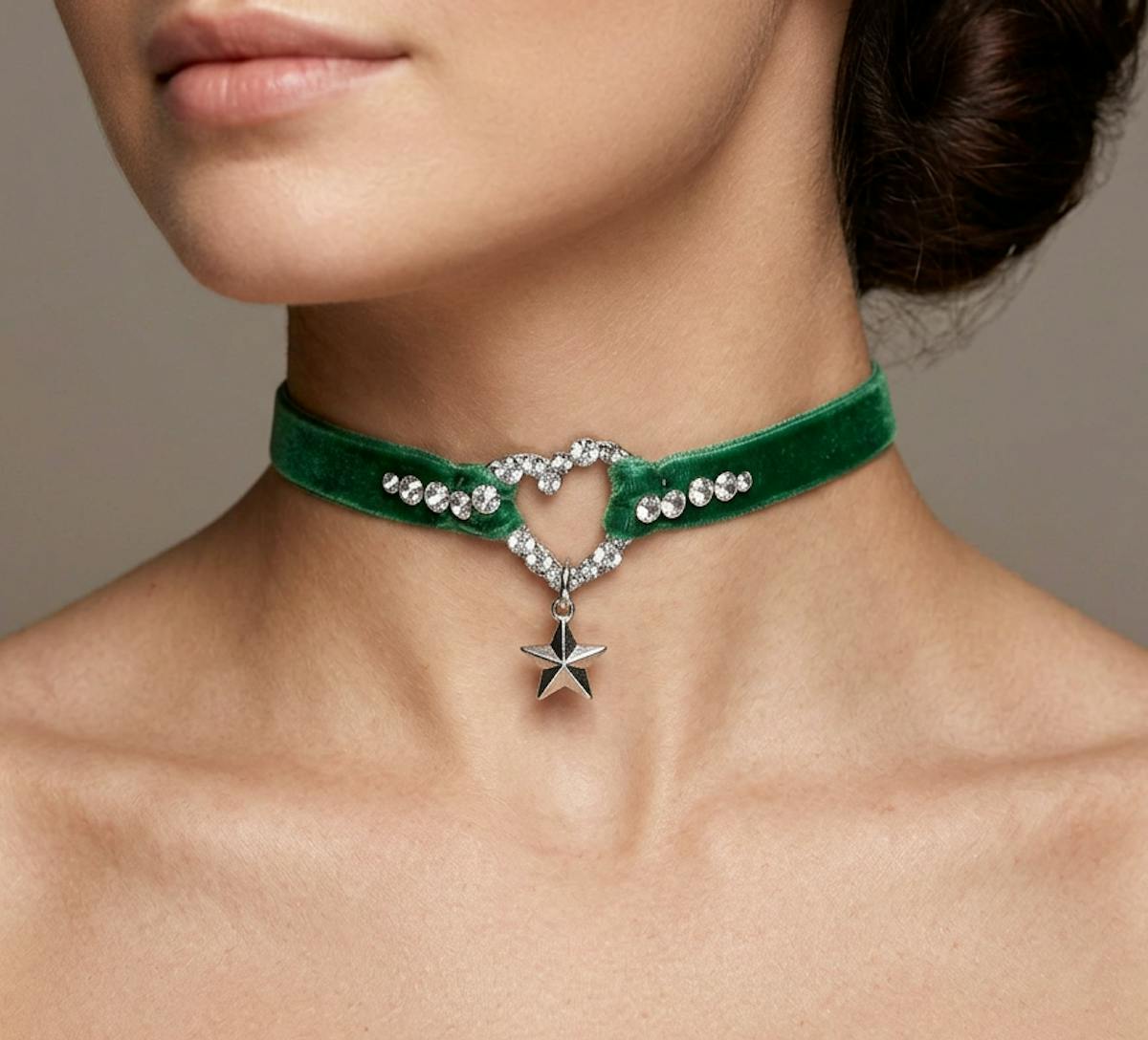 Thin Green Velvet Choker Necklace, with rhinestones o-ring heart and star charm