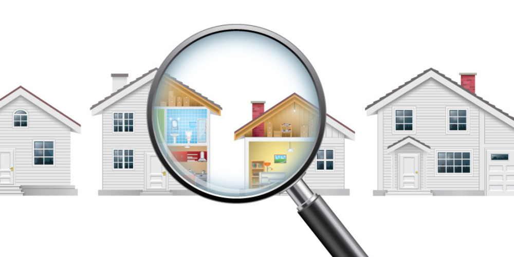 An illustration of a row of houses with a giant magnifying glass showing the inside of one of the houses.