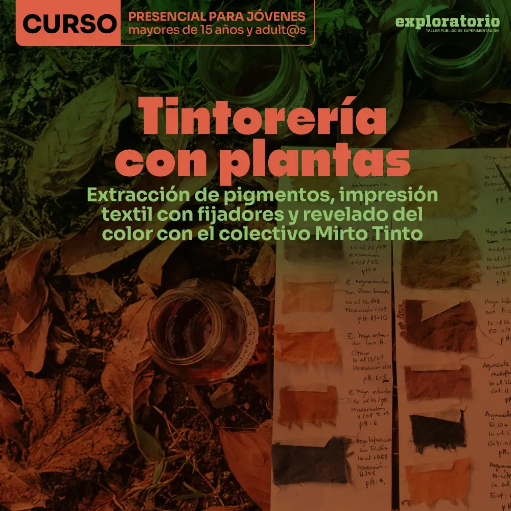 Fotografía intervenida. Sobre una imagen de hojas, frascos, papeles y muestras textiles, en la parte superior izquierda aparece un recuadro con el texto: «Curso. Presencial para jóvenes mayores de 15 años y adultas y adultos». En el centro dice: «Tintorería con plantas». Debajo dice: «Extracción de pigmentos, impresión textil con fijadores y revelado del color con el colectivo Mirto Tinto». A la derecha se ven papeles con anotaciones y tiras de tela teñidas; a la izquierda, hojas secas y un frasco sobre la tierra.