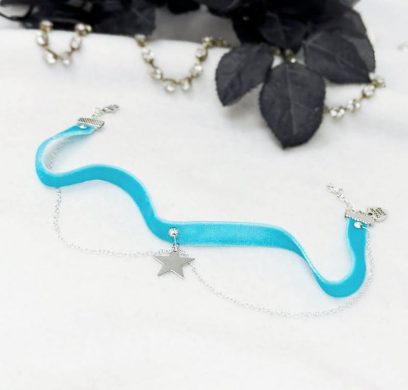 Thin Blue Velvet Choker with Chains and star - alternate view