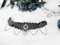 Gothic Choker Necklace with Rhinestones Pendant and Layered Chains, Wide Black Elastic Choker Collar, Upcycled Whimsigoth Jewelry Gifts for Her