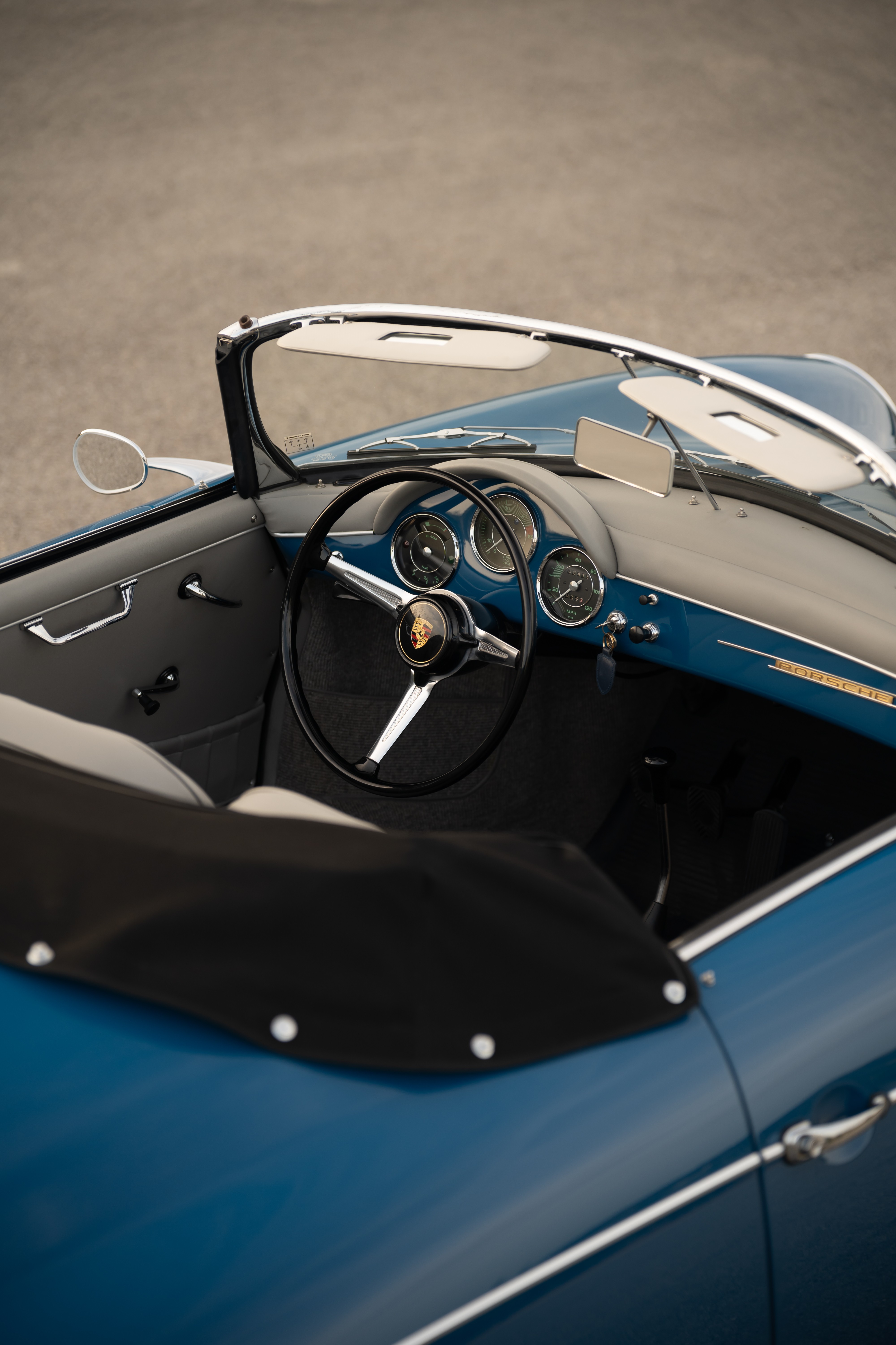 Interior of a Royal Blue 1960 Porsche 356B Roadster shot in Austin, TX.