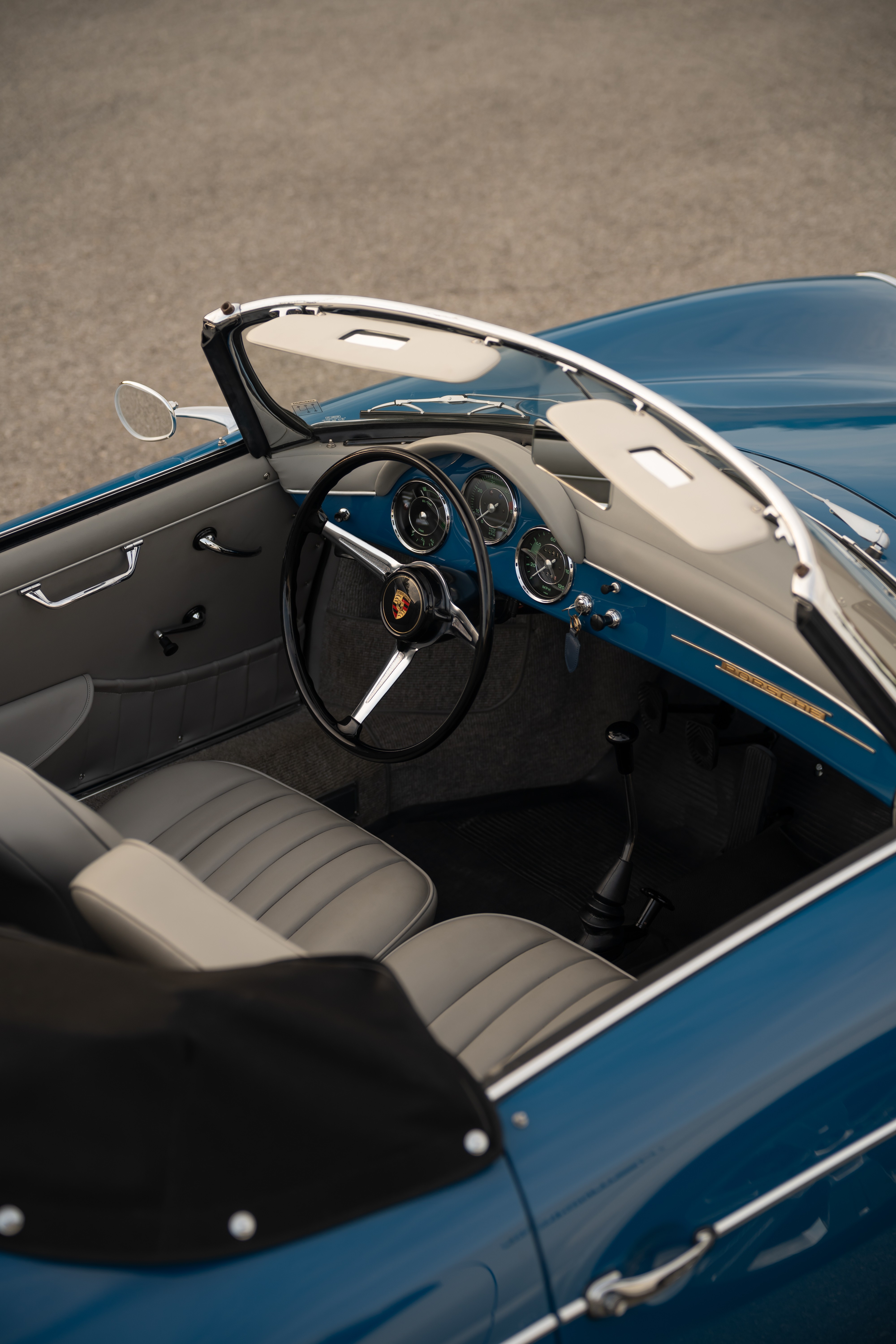 Interior of a Royal Blue 1960 Porsche 356B Roadster shot in Austin, TX.