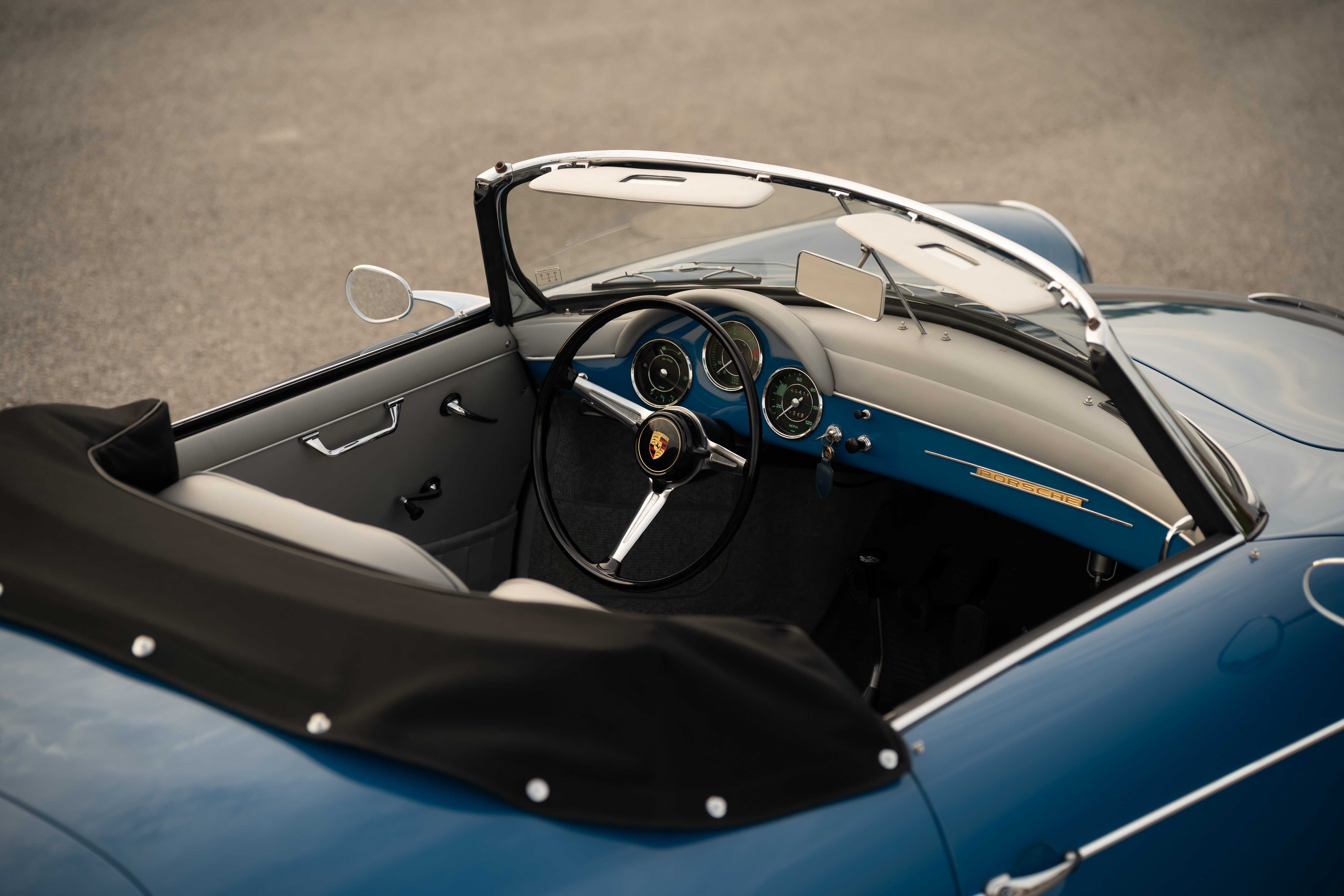 Interior of a Royal Blue 1960 Porsche 356B Roadster shot in Austin, TX.