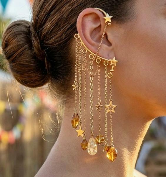 Gold Star Celestial Ear Cuff No Piercing, long chain ear wrap