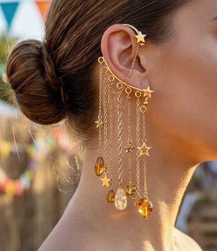 Gold Star Celestial Ear Cuff No Piercing, long chain ear wrap