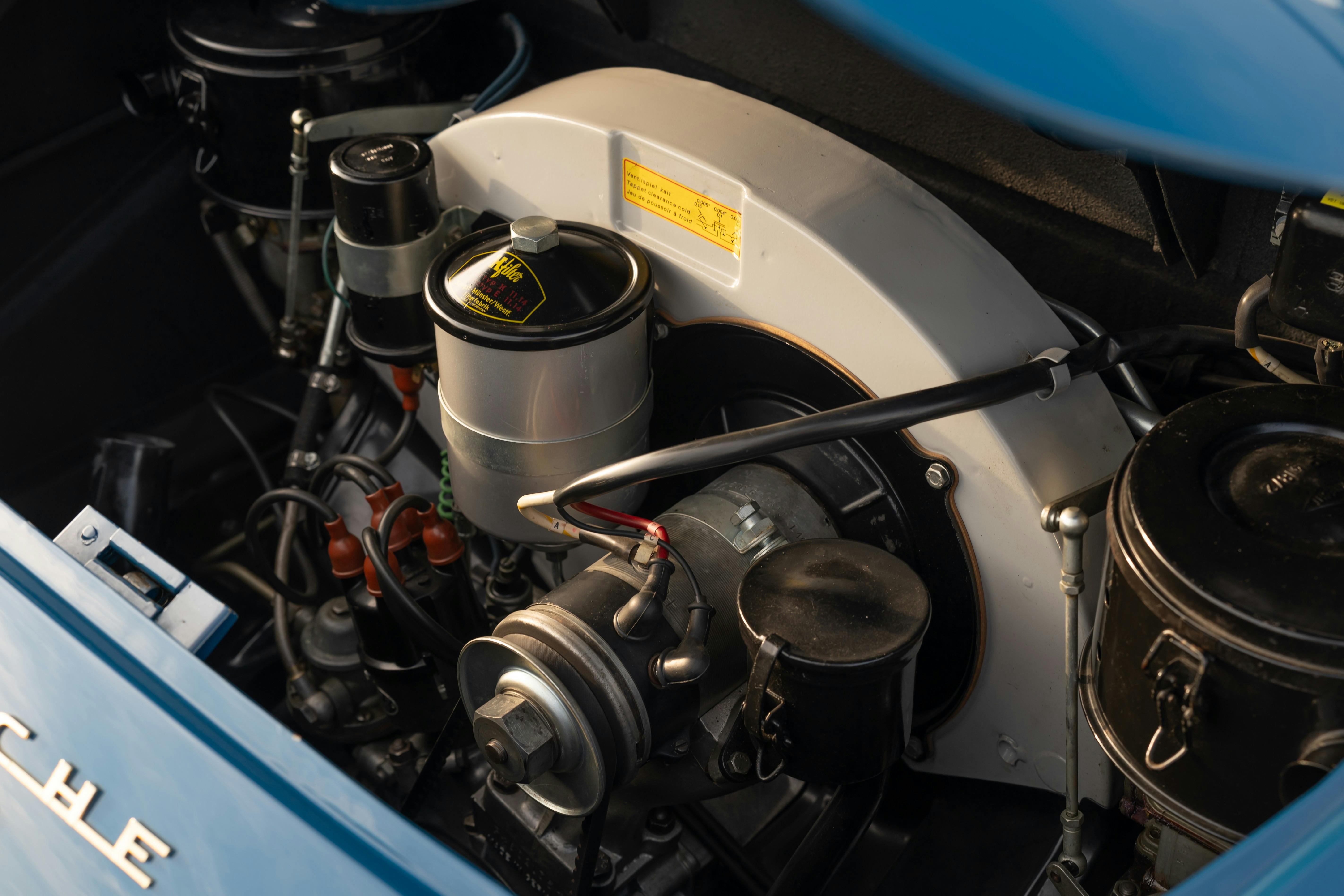 Engine of a Royal Blue 1960 Porsche 356B Roadster shot in Austin, TX.