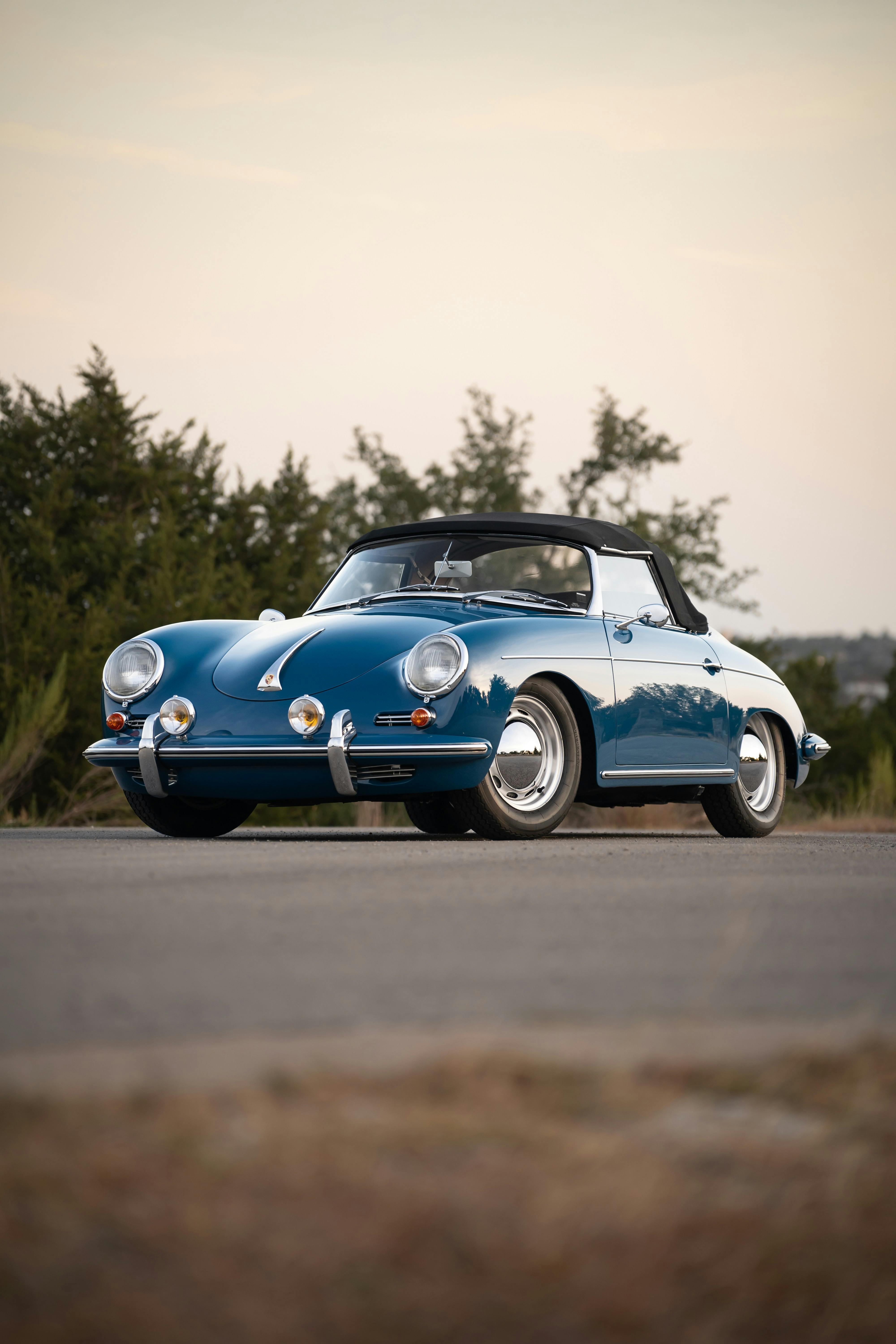 Royal Blue 1960 Porsche 356B Roadster shot in Austin, TX.