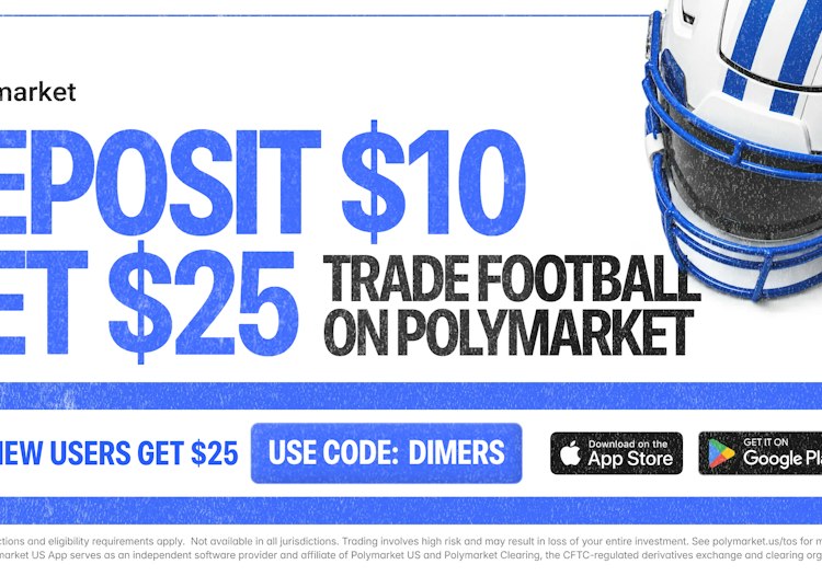 Polymarket code DIMERS: $25 bonus on a $10 first deposit for Cowboys vs. Packers on Sunday Night Football.