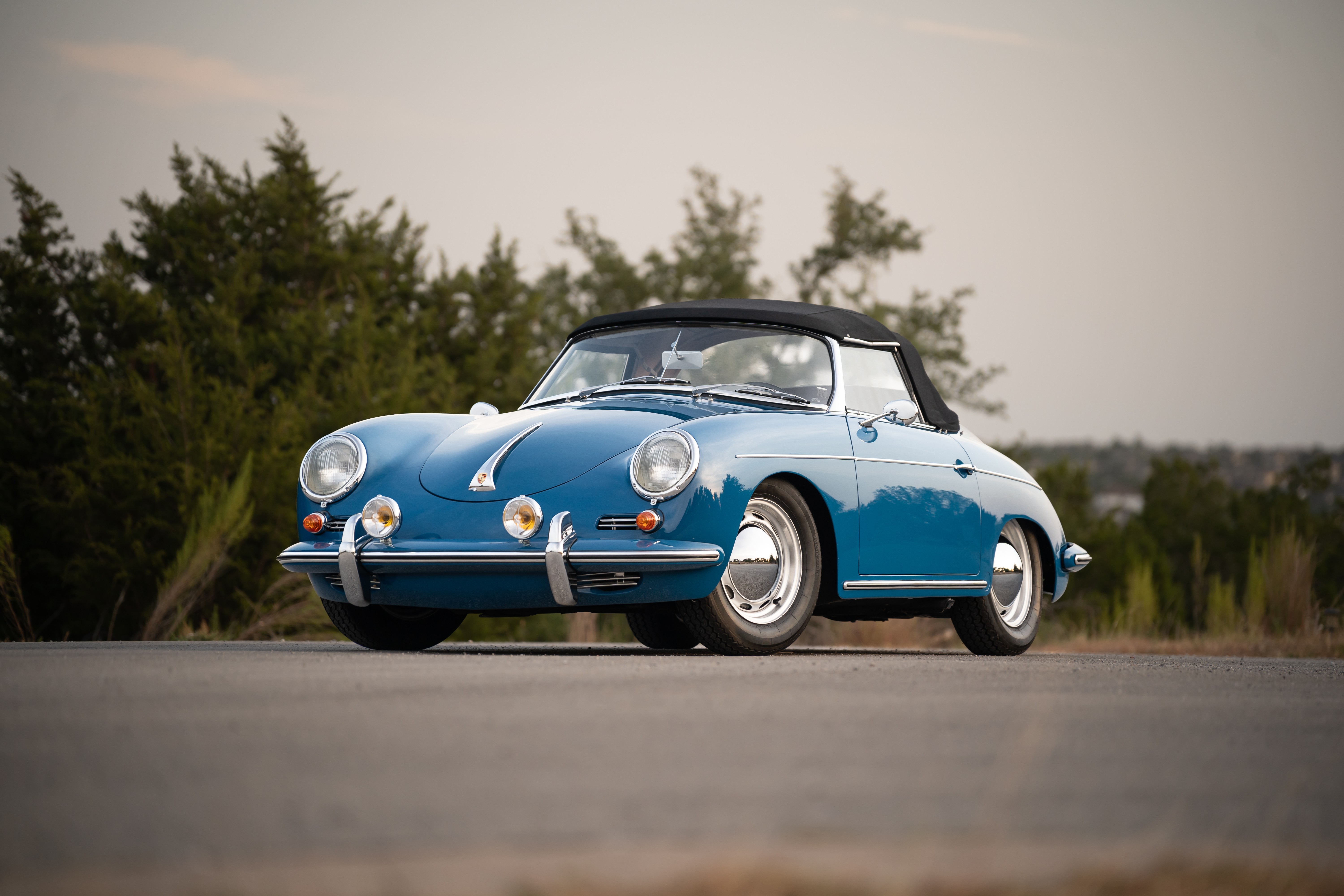 Royal Blue 1960 Porsche 356B Roadster shot in Austin, TX.