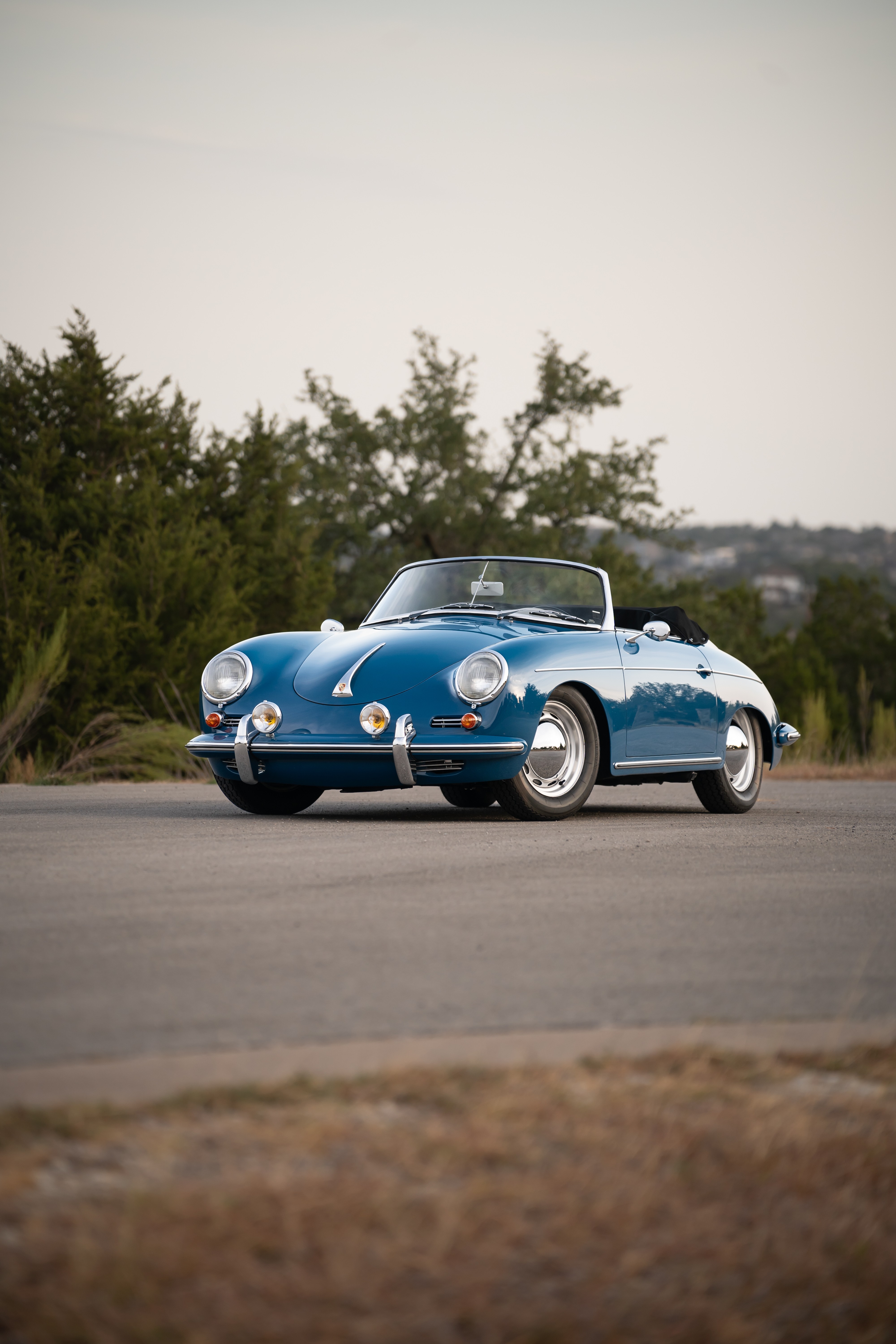 Royal Blue 1960 Porsche 356B Roadster shot in Austin, TX.