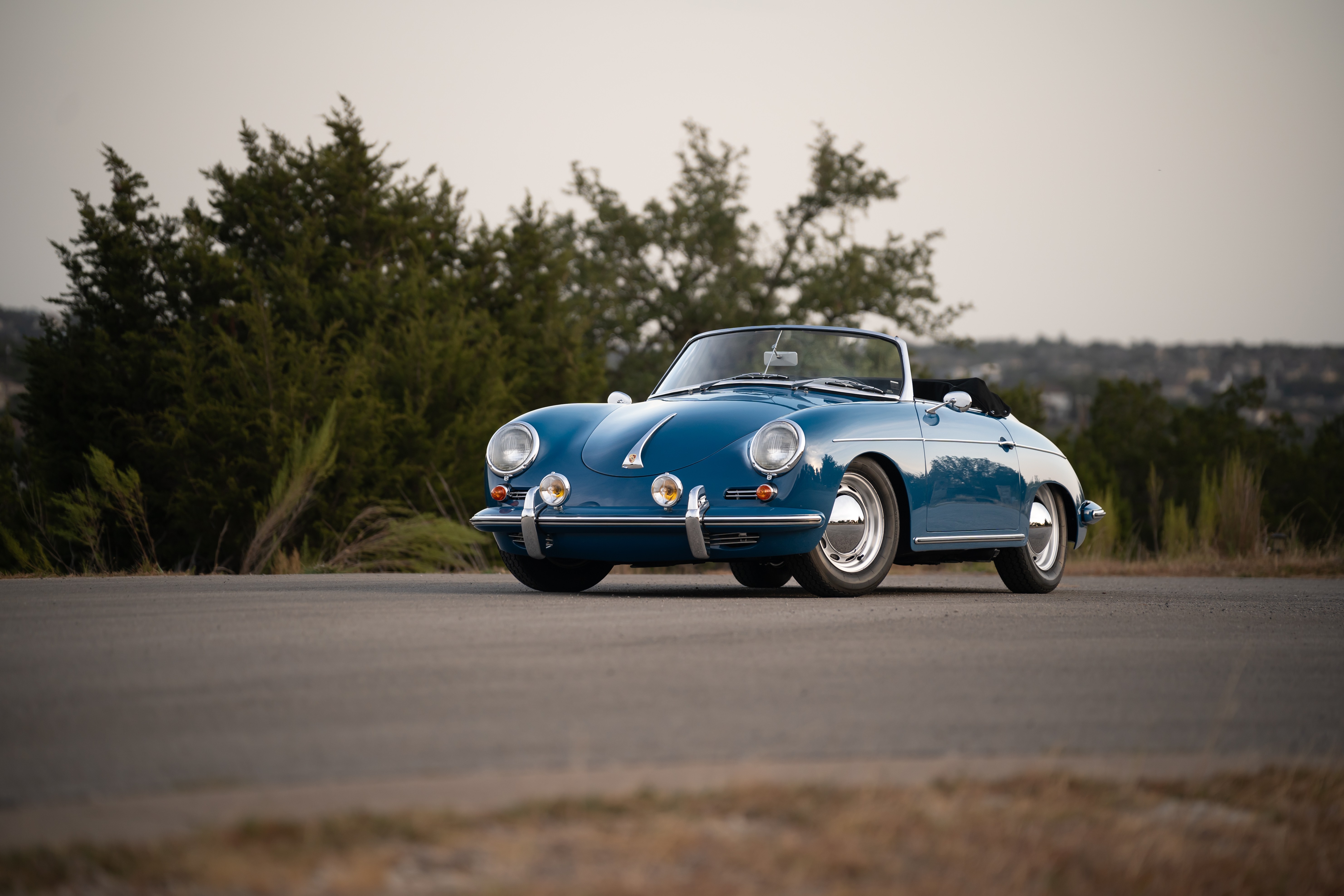 Royal Blue 1960 Porsche 356B Roadster shot in Austin, TX.