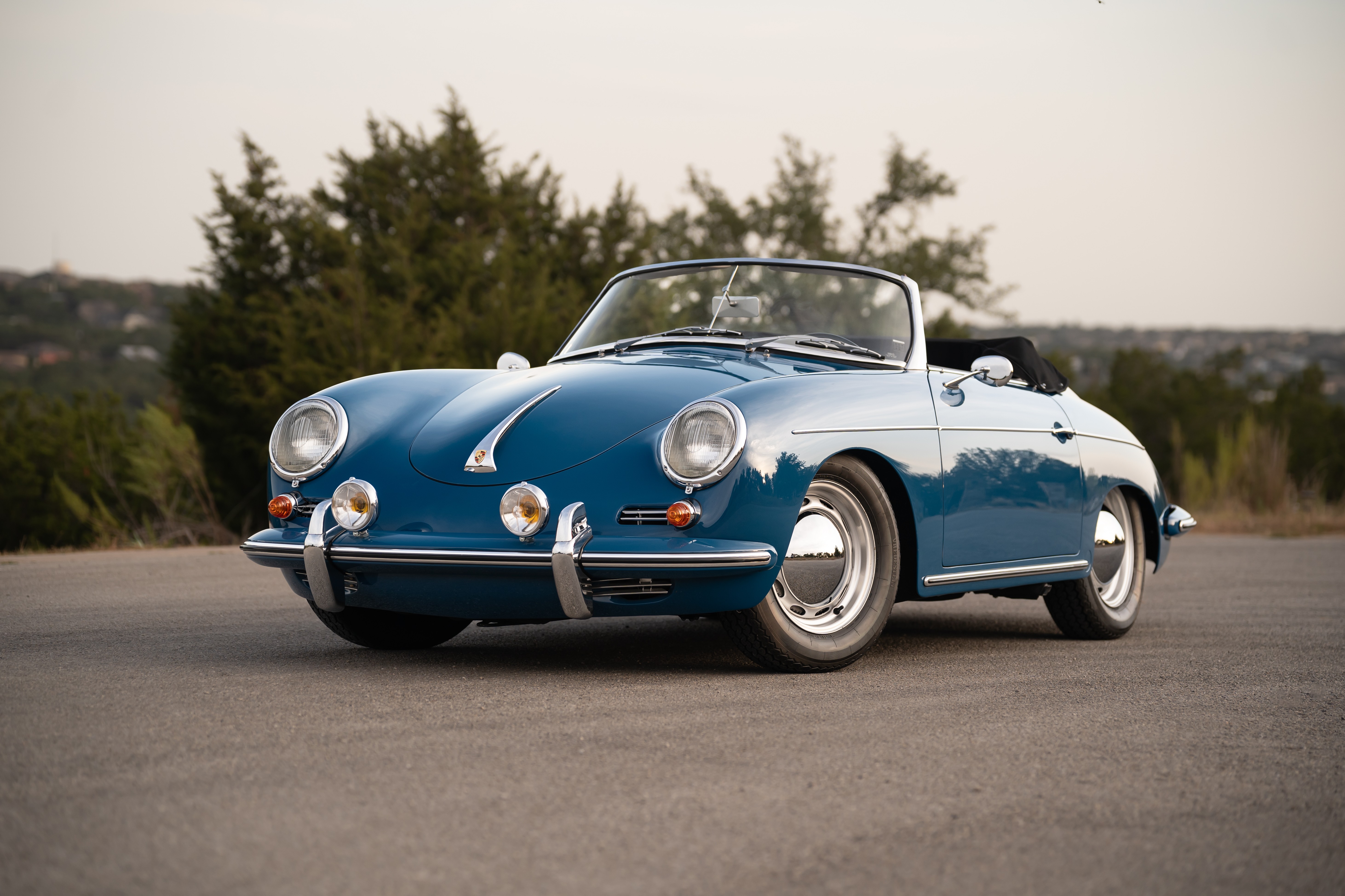 Royal Blue 1960 Porsche 356B Roadster shot in Austin, TX.