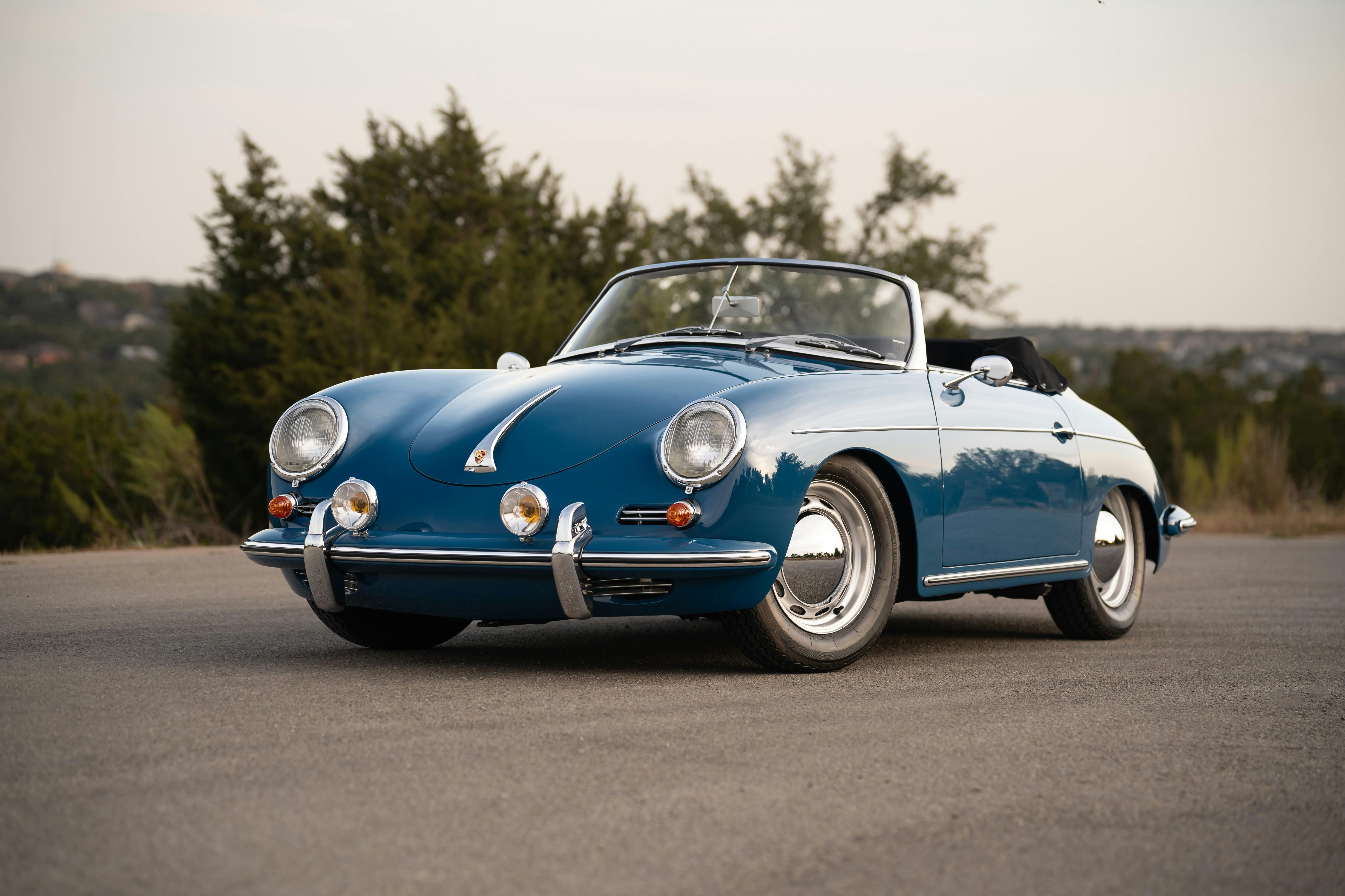 Royal Blue 1960 Porsche 356B Roadster shot in Austin, TX.
