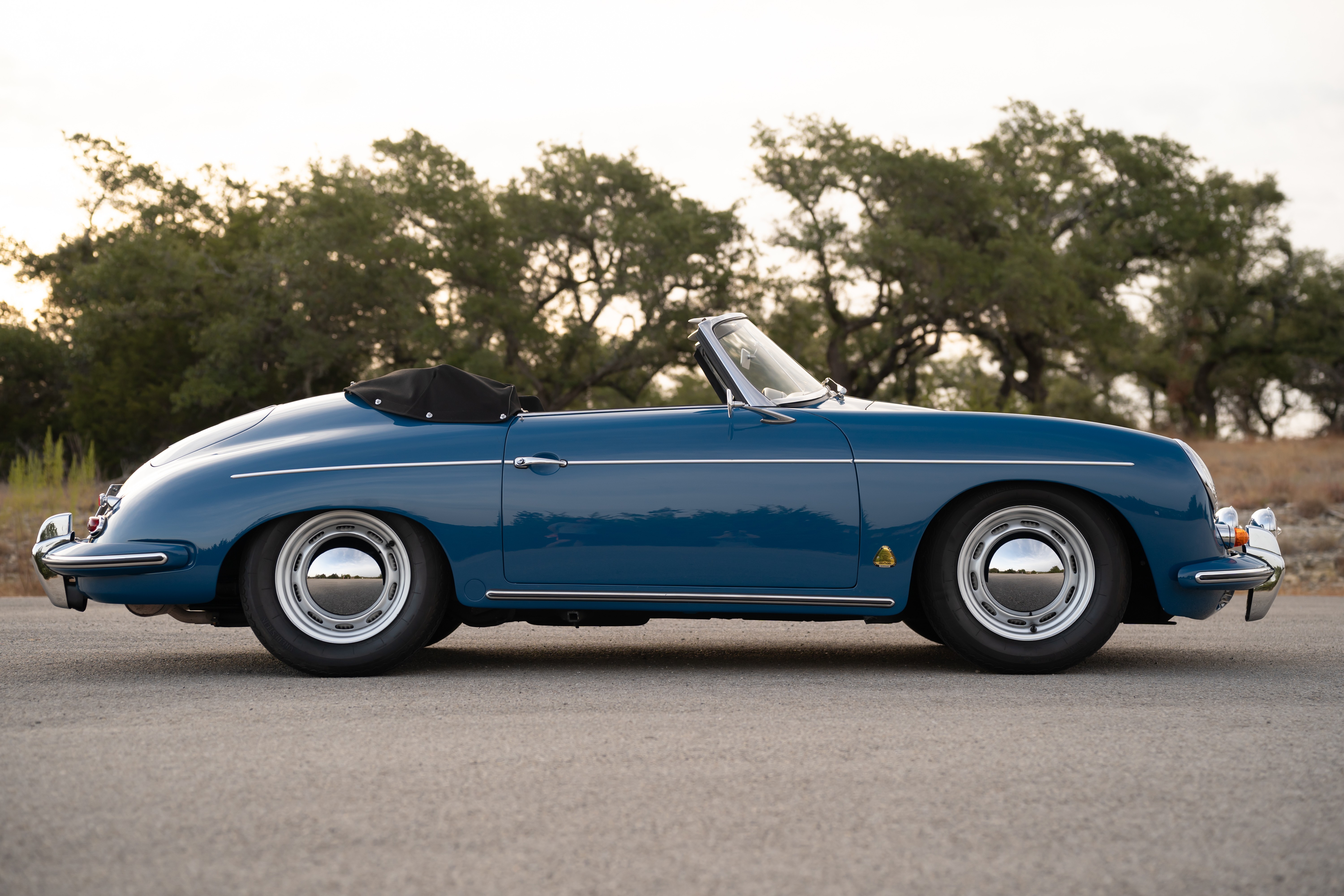 Royal Blue 1960 Porsche 356B Roadster shot in Austin, TX.