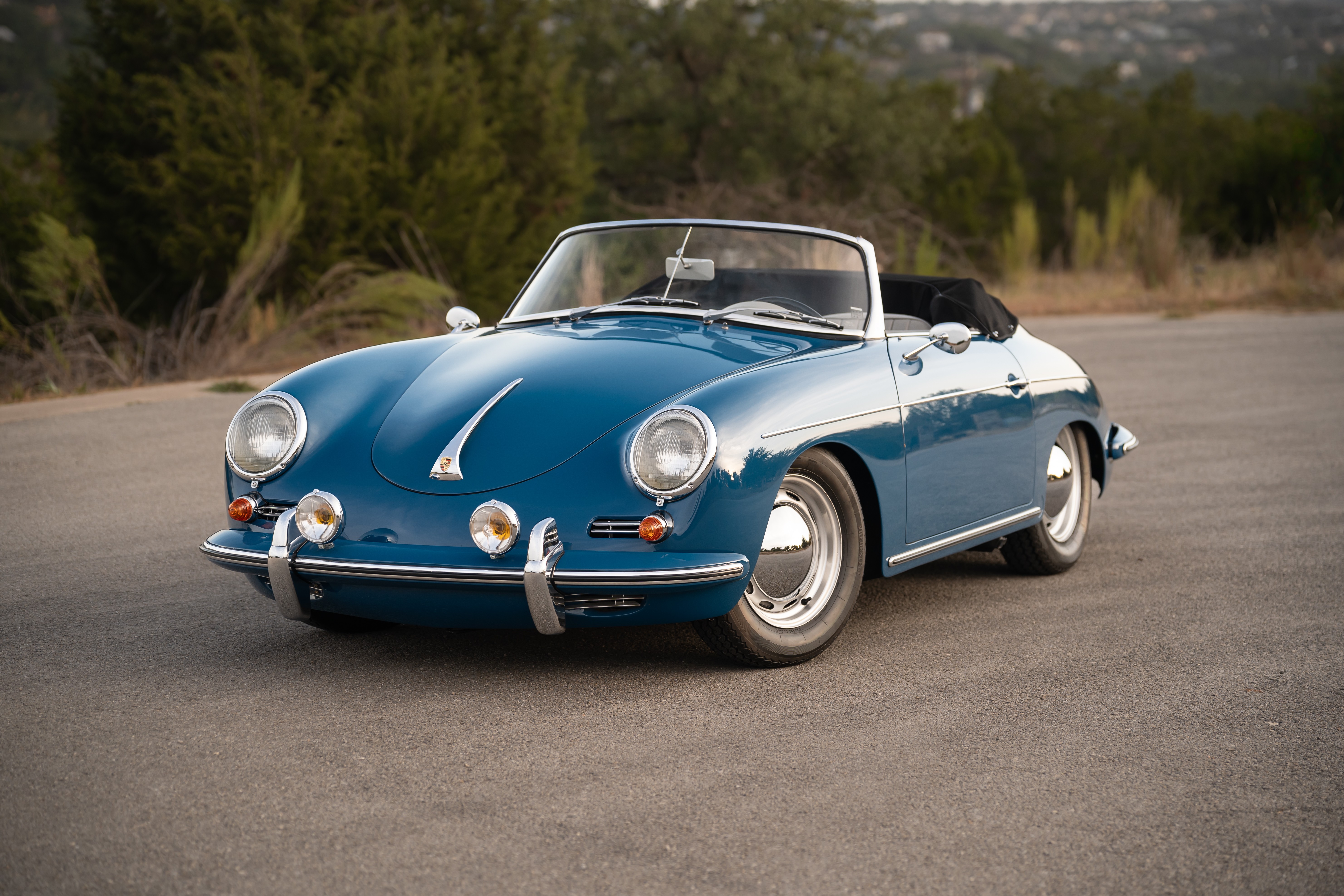 Royal Blue 1960 Porsche 356B Roadster shot in Austin, TX.