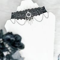 Gothic Choker Necklace with Rhinestones Pendant and Layered Chains, Wide Black Elastic Choker Collar, Upcycled Whimsigoth Jewelry Gifts for Her