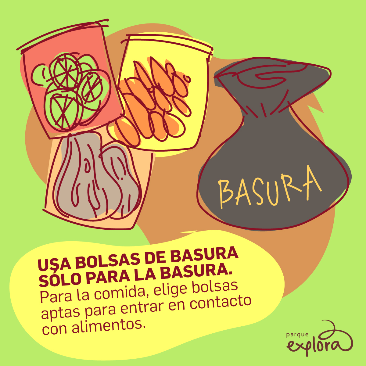 Ilustración. Sobre un fondo verde se observa una bolsa negra con la palabra «basura» y, junto a ella, tres bolsas transparentes que contienen rodajas de pepino, zanahorias y trozos de carne. En la parte inferior se lee el texto: «Usa bolsas de basura solo para la basura. Para la comida, elige bolsas aptas para entrar en contacto con alimentos».