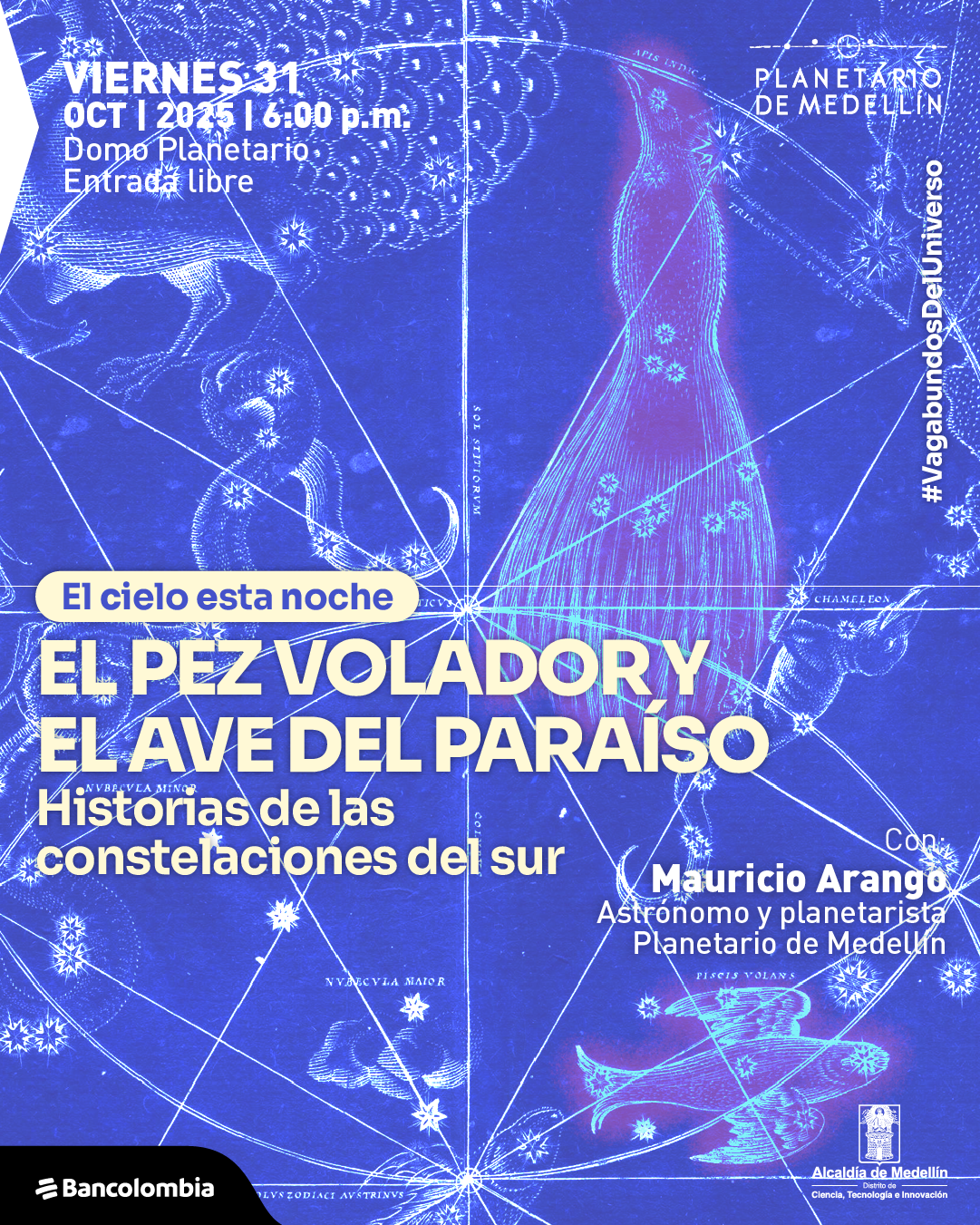 Afiche. En el fondo se observa un mapa celeste ilustrado en tonos azulados con figuras de animales asociados a constelaciones: un pez, un ave y una serpiente, entre otros. En la parte superior izquierda se lee: «Viernes 31 de octubre de 2025 a las seis de la tarde. Domo Planetario. Entrada libre». En la parte central, dentro de un recuadro, el texto dice: «El cielo está noche. El pez volador y el ave del paraíso. Historias de las constelaciones del sur». En la parte derecha, se agrega: «Con Mauricio Arango, astrónomo y planetarista». A los lados y en la parte inferior aparecen etiquetas y sellos institucionales.