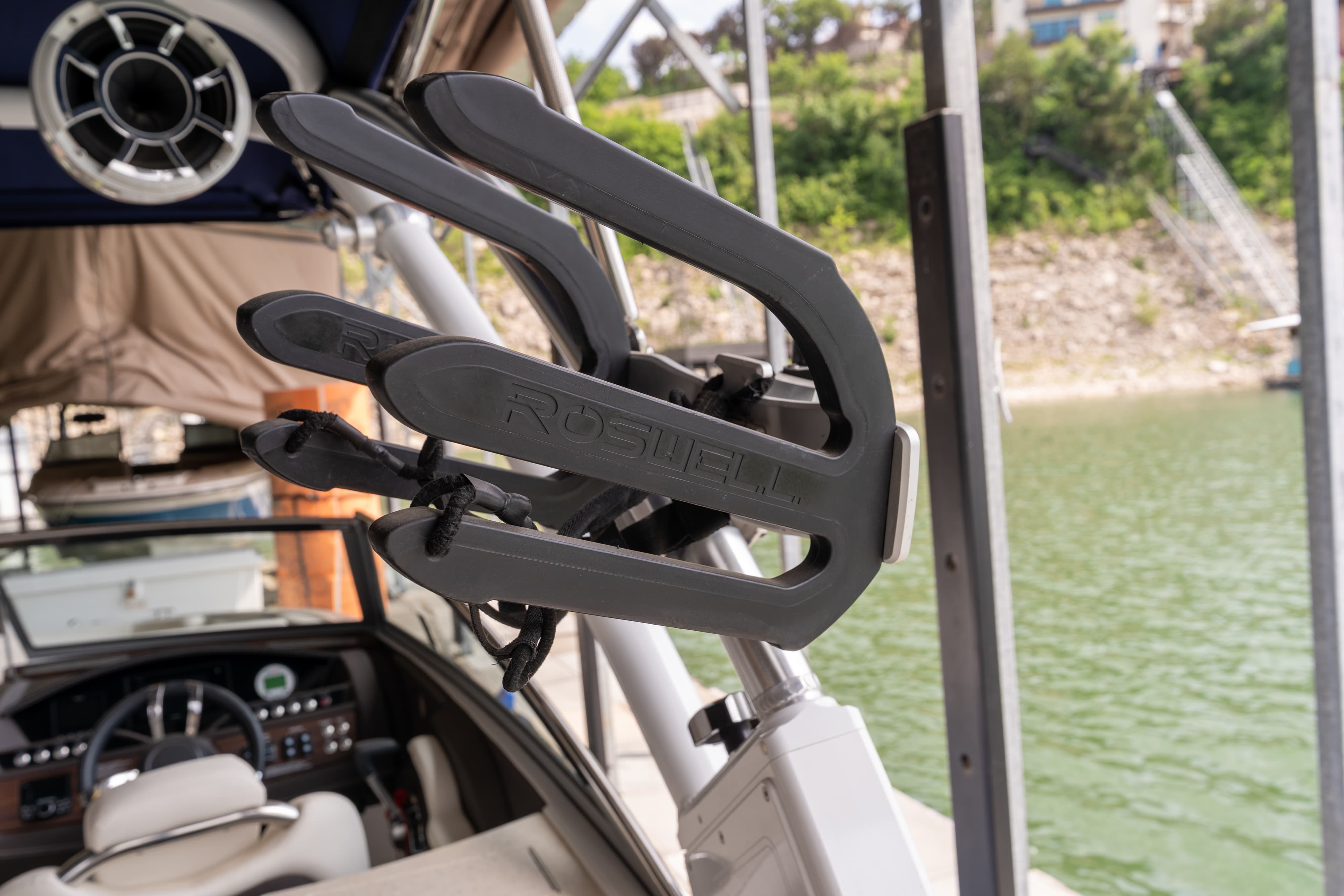 Wakeboard mounts on a 2018 Cobalt R7 Surf boat in Lakeway, TX.