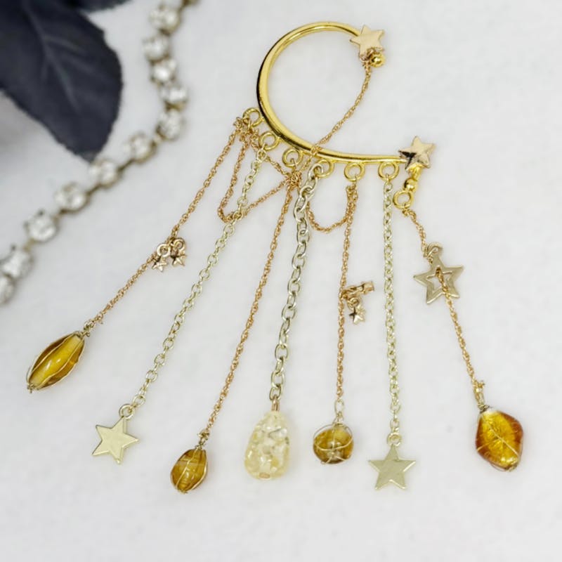 Gold Star Celestial Ear Cuff No Piercing, long chain ear wrap - alternate view