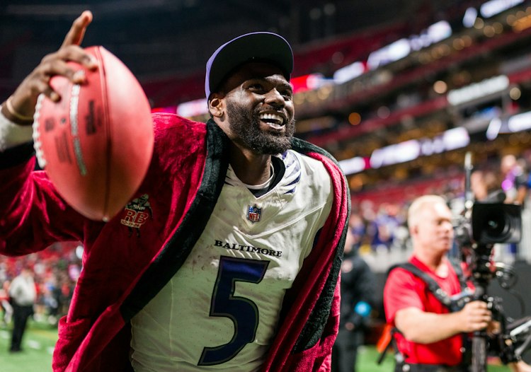 Tyler Huntley playing quarterback for the Ravens during their win over the Falcons.