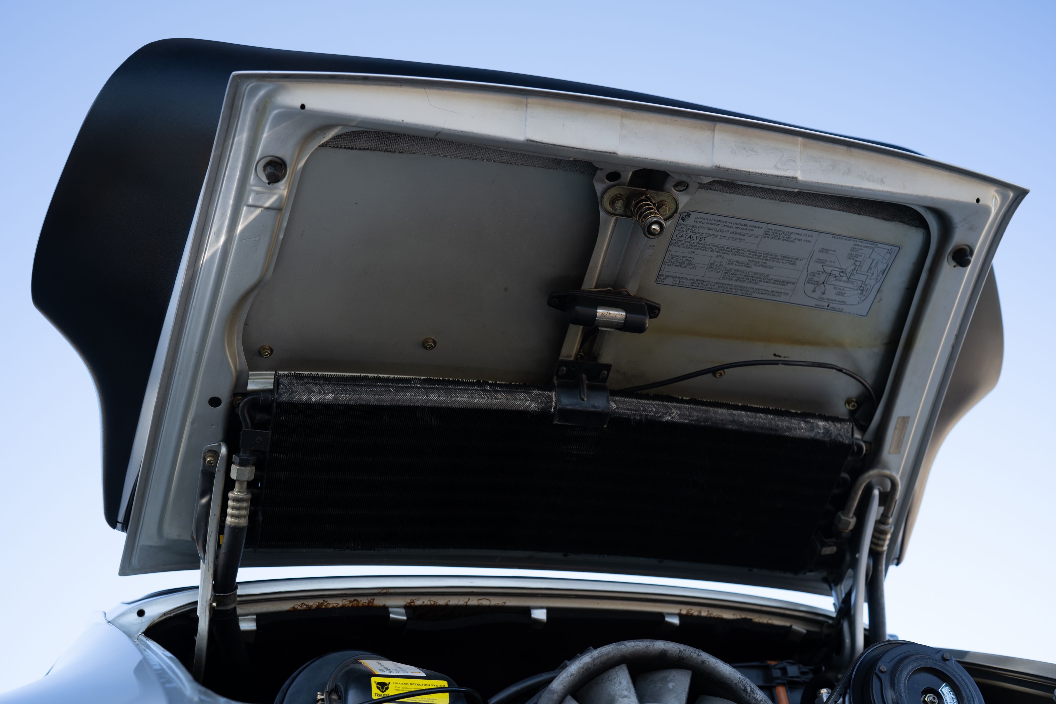 Engine bay of a 1987 Porsche 911 Carrera G50 Coupe in Silver Metallic in Dripping Springs, TX.