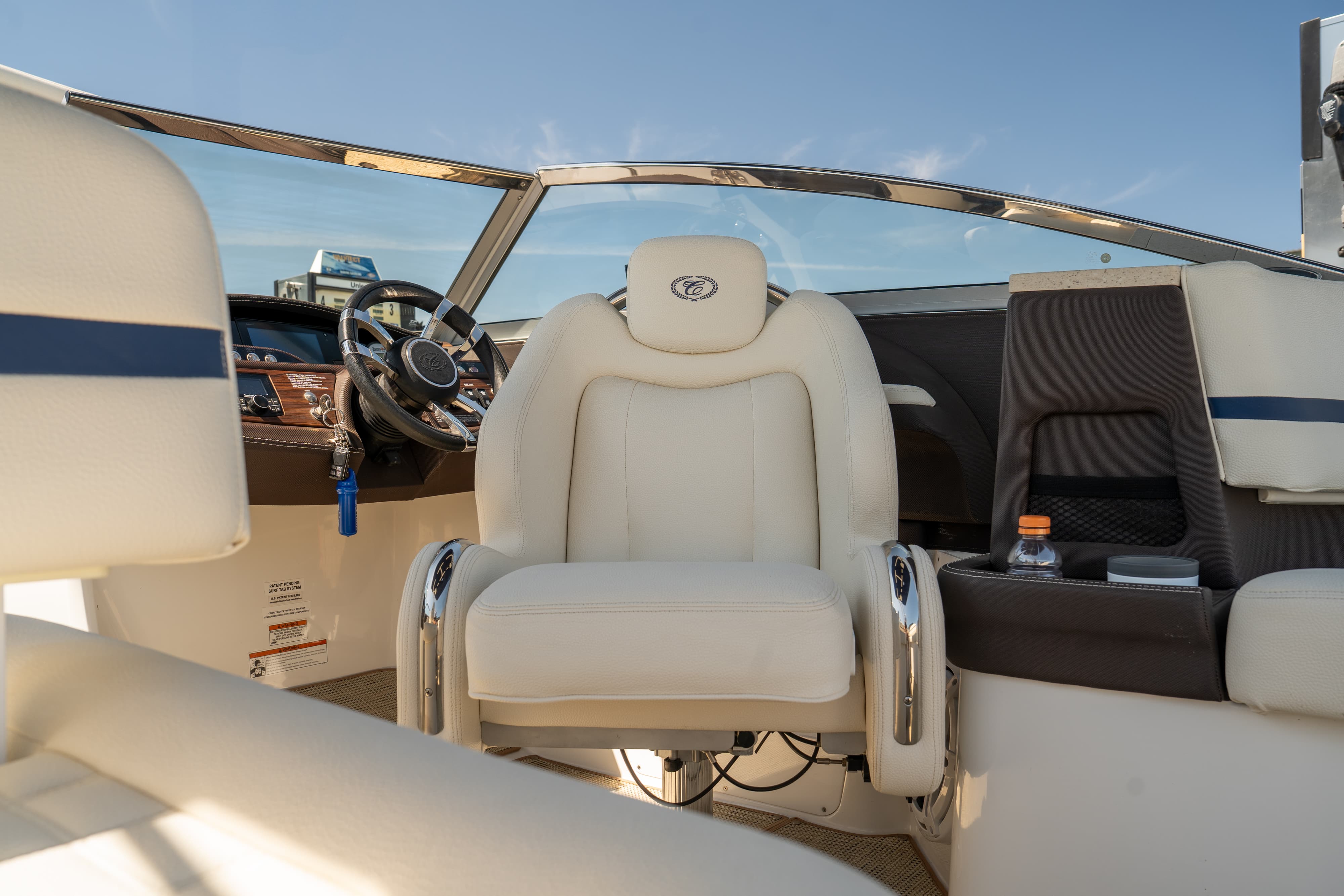 Captain's chair in a 2018 Cobalt R7 Surf boat in Lakeway, TX.