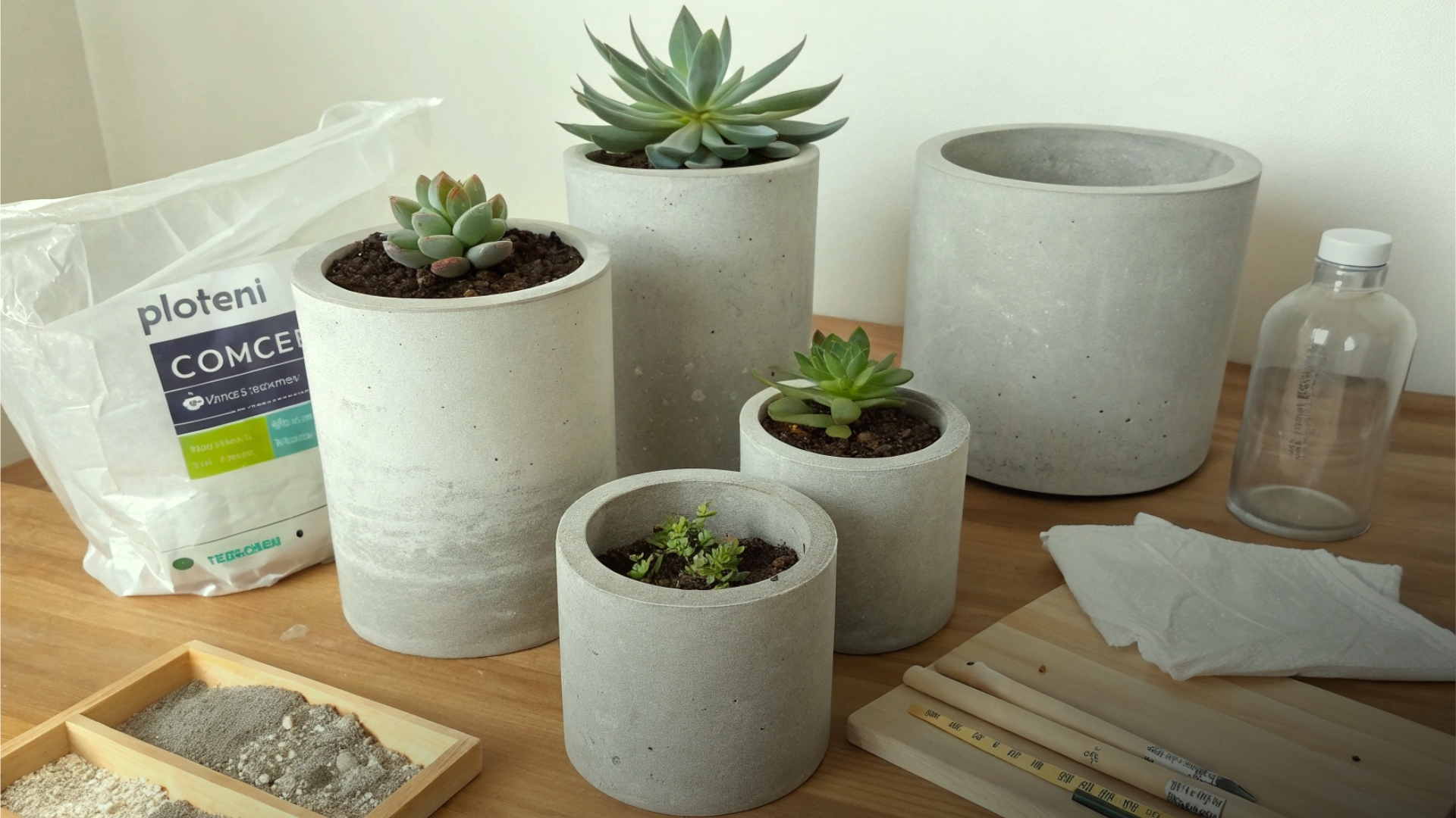 Vasos cilíndricos de concreto com suculentas e materiais de DIY ao lado.