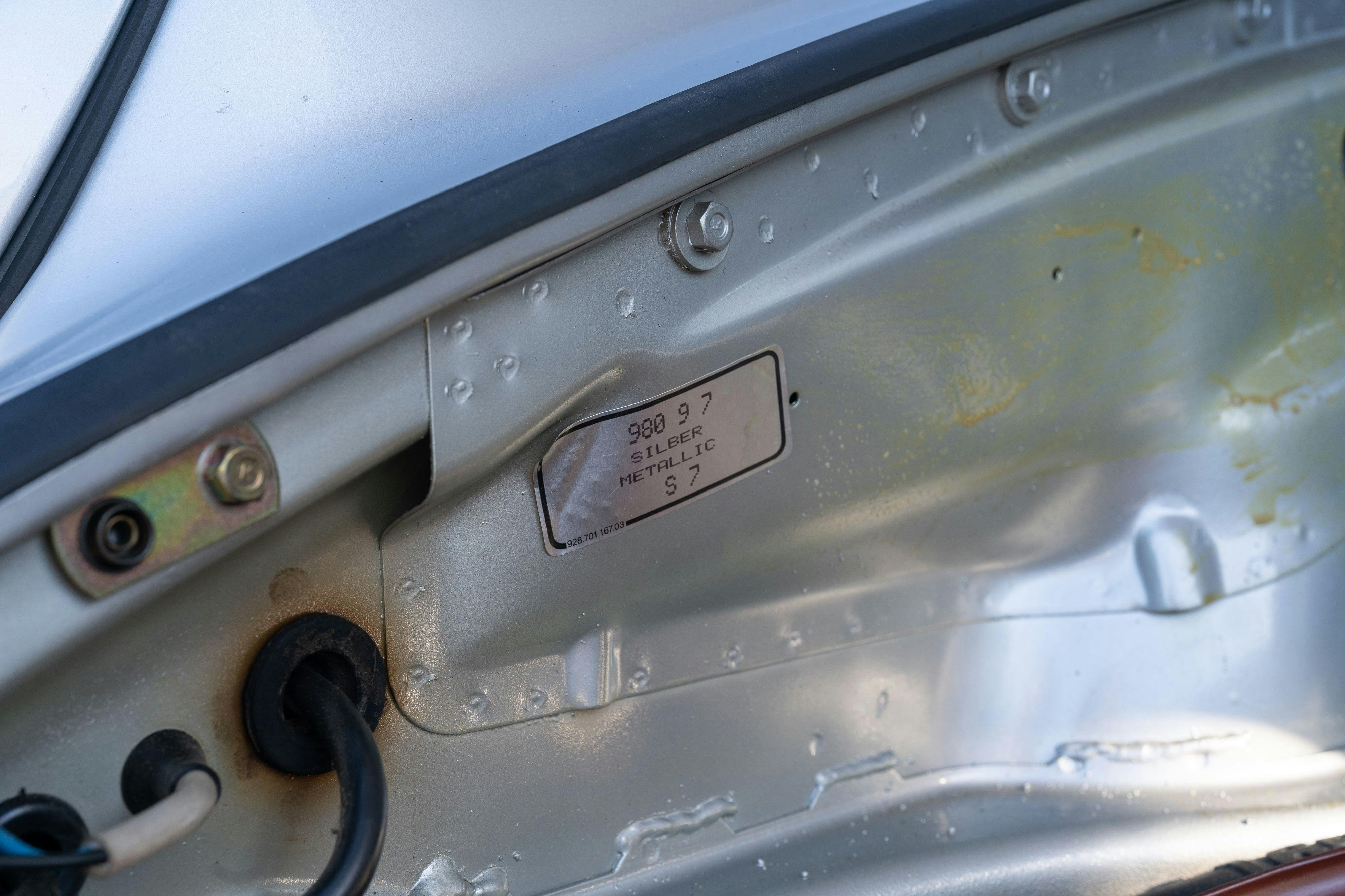 Paint tag of a 1987 Porsche 911 Carrera G50 Coupe in Silver Metallic in Dripping Springs, TX.