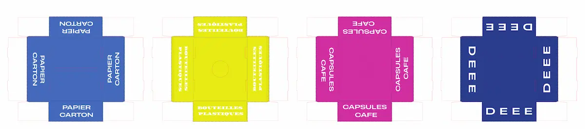 Couvercles à plat des corbeilles WasteWize : nom du flux sur les quatre rabats et ouverture adaptée à chaque déchet