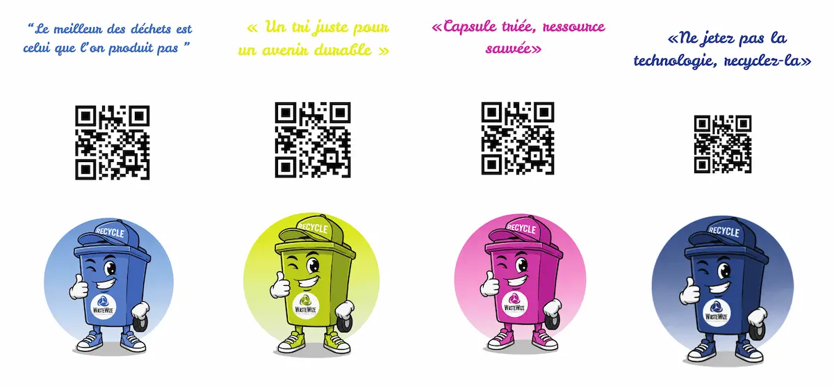 Façades des colonnes WasteWize : slogan propre à chaque flux, QR code vers wastewize.fr et mascotte aux couleurs du flux