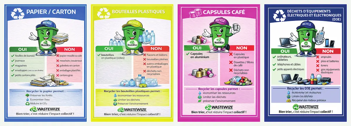 Kit de tri 4 flux WasteWize : frontons Papier/Carton, Bouteilles plastiques, Capsules café et D3E avec consignes OUI / NON