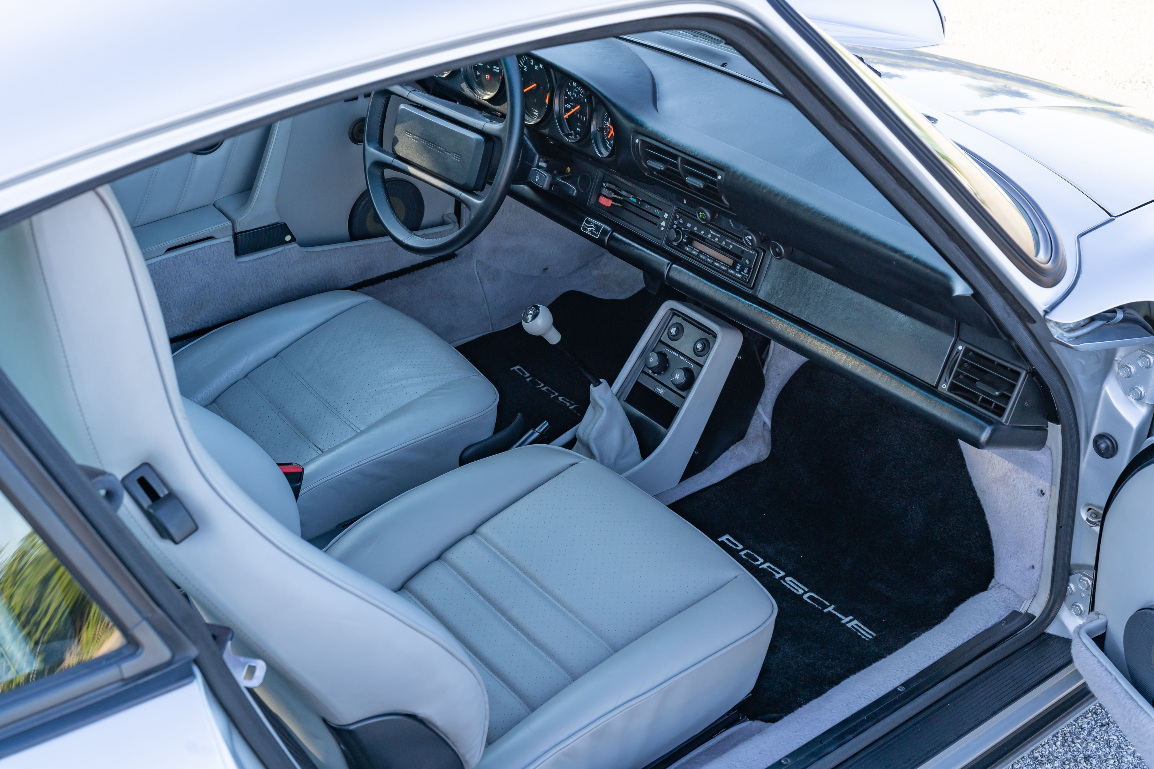 Silver Grey leather in a 1987 Porsche 911 Carrera G50 Coupe in Silver Metallic in Dripping Springs, TX.