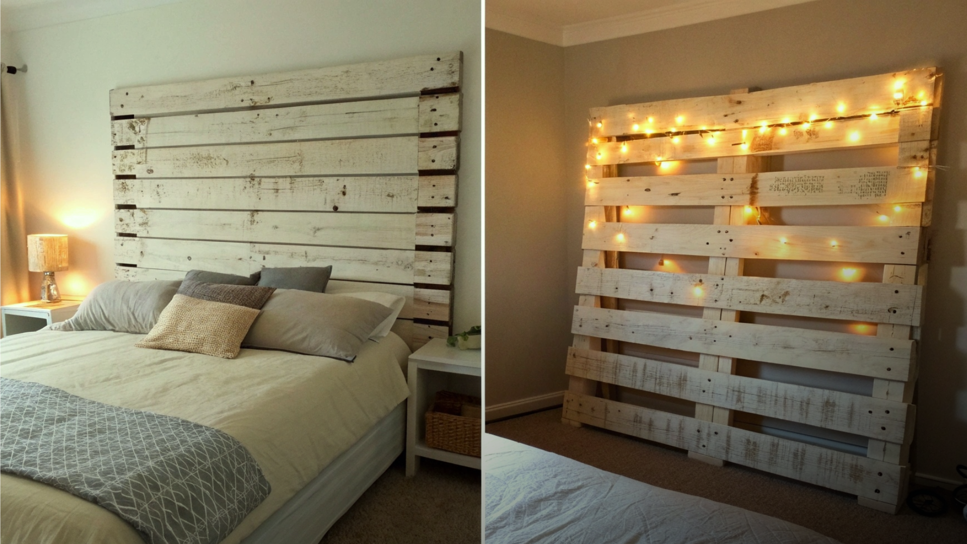 Cabeceira de pallets brancos com luzes de fada em quarto aconchegante.