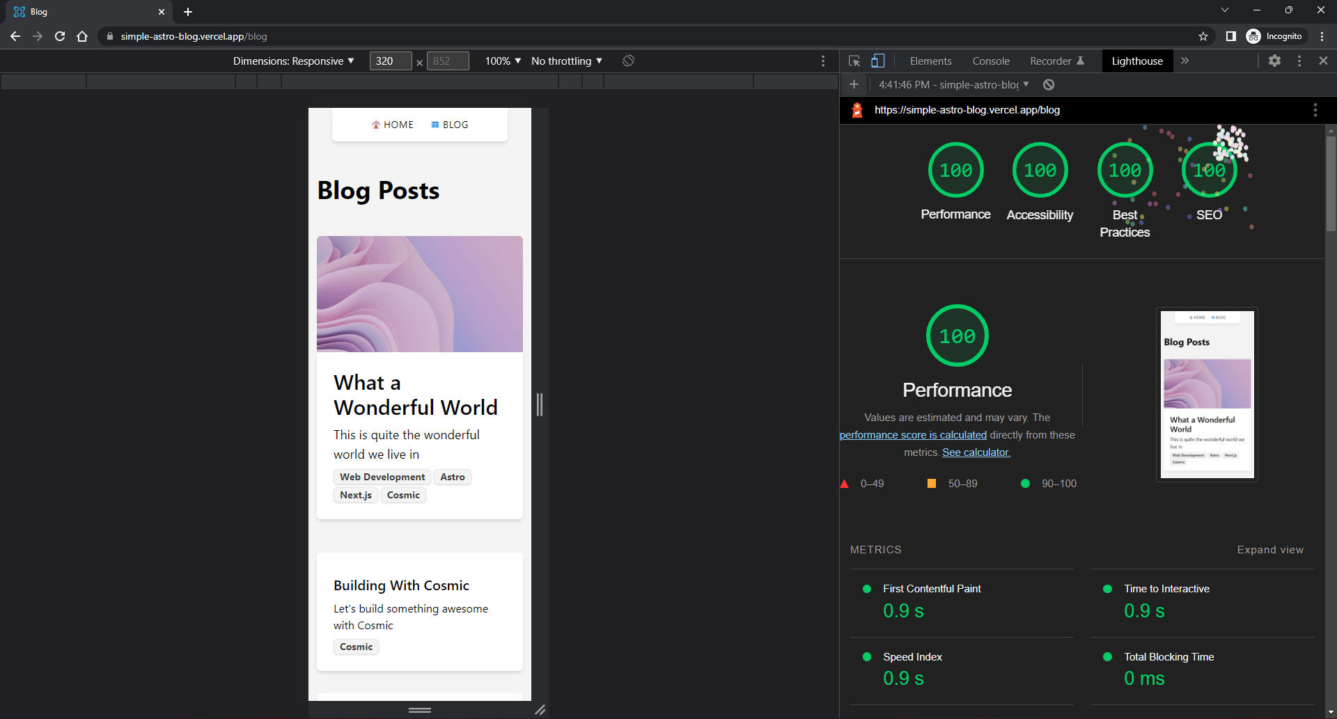 Simple Astro Blog mobile lighthouse scores