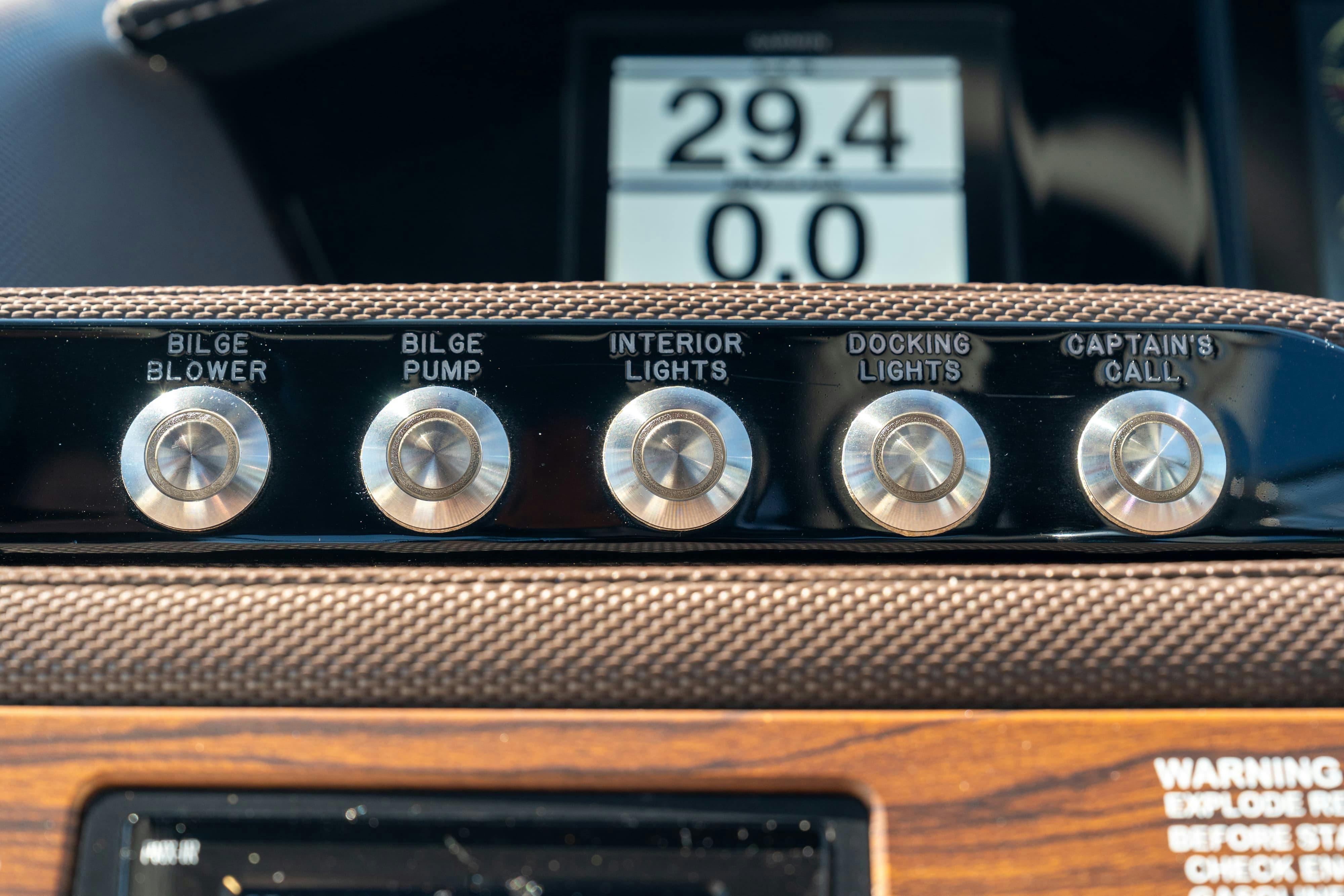 Controls in a 2018 Cobalt R7 Surf boat in Lakeway, TX.