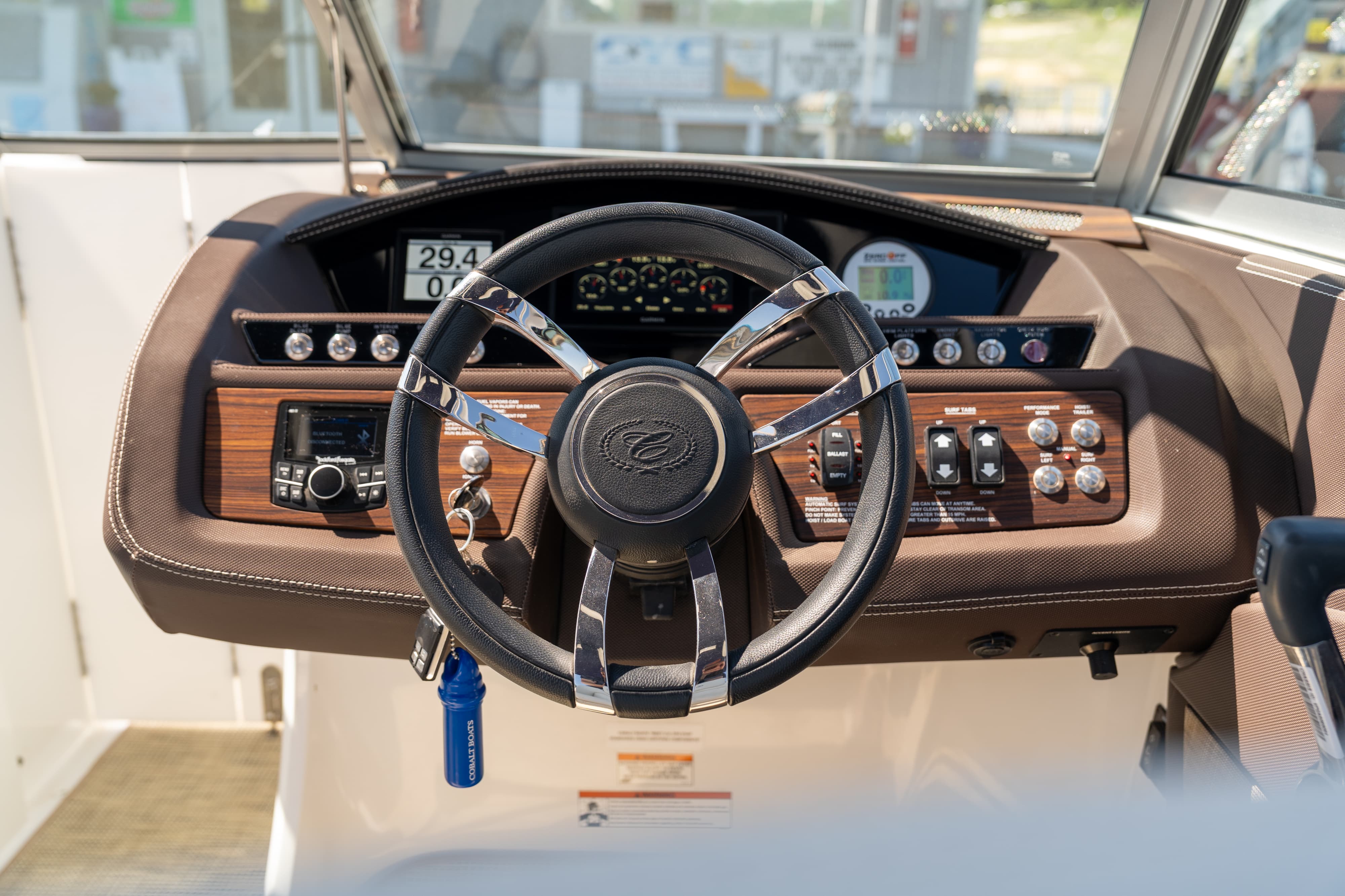 Steering in a 2018 Cobalt R7 Surf boat in Lakeway, TX.