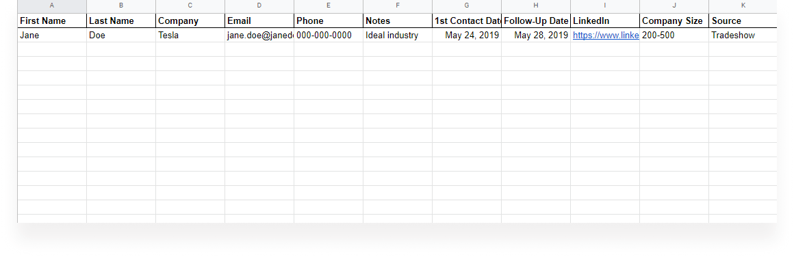 excel template list