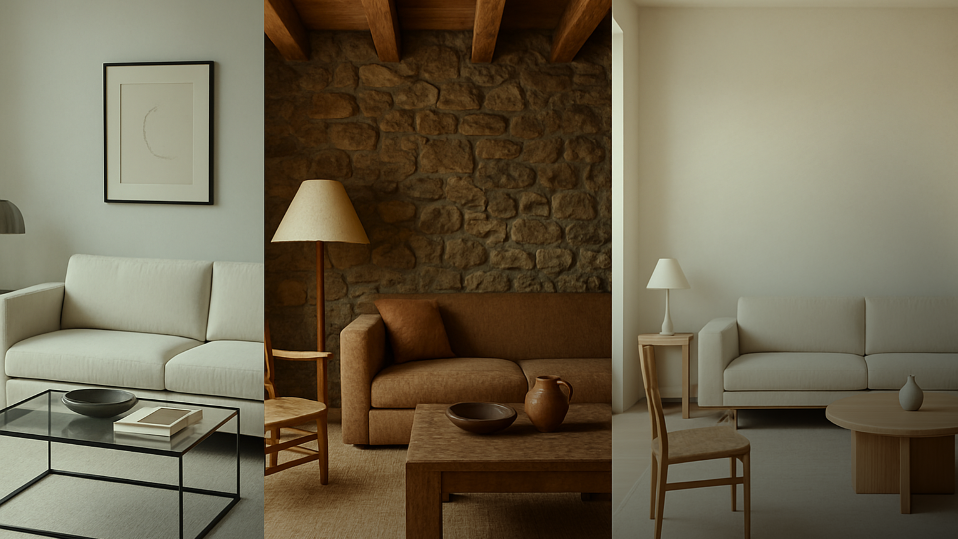 Moodboard com sala moderna, rústica e minimalista lado a lado, ressaltando diferenças de cores, materiais e mobiliário.