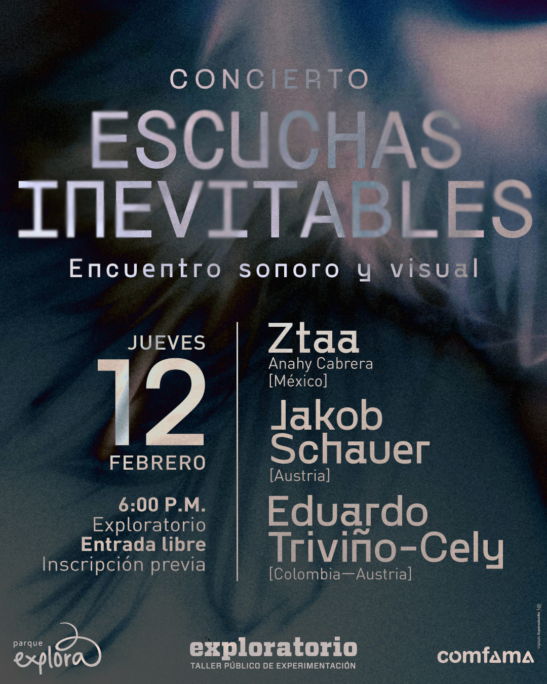 Ilustración. Sobre un fondo abstracto con formas orgánicas difusas, se dispone información textual distribuida en distintos bloques. En la parte superior, centrado, aparece un texto que dice: "Concierto Escuchas inevitables". Debajo, en menor tamaño, se lee: "Encuentro sonoro y visual". En el sector izquierdo, un bloque vertical indica: "Jueves 12 febrero". Más abajo aparece el texto: "Seis de la tarde. Exploratorio. Entrada libre. Inscripción previa". En el sector derecho, separado por una línea vertical, se listan los participantes con textos alineados en columna: "Ztad. Anahy Cabrera (México)". Debajo: "Jakob Schauer (Austria)". Más abajo: "Eduardo Triviño-Cely (Colombia–Austria)".